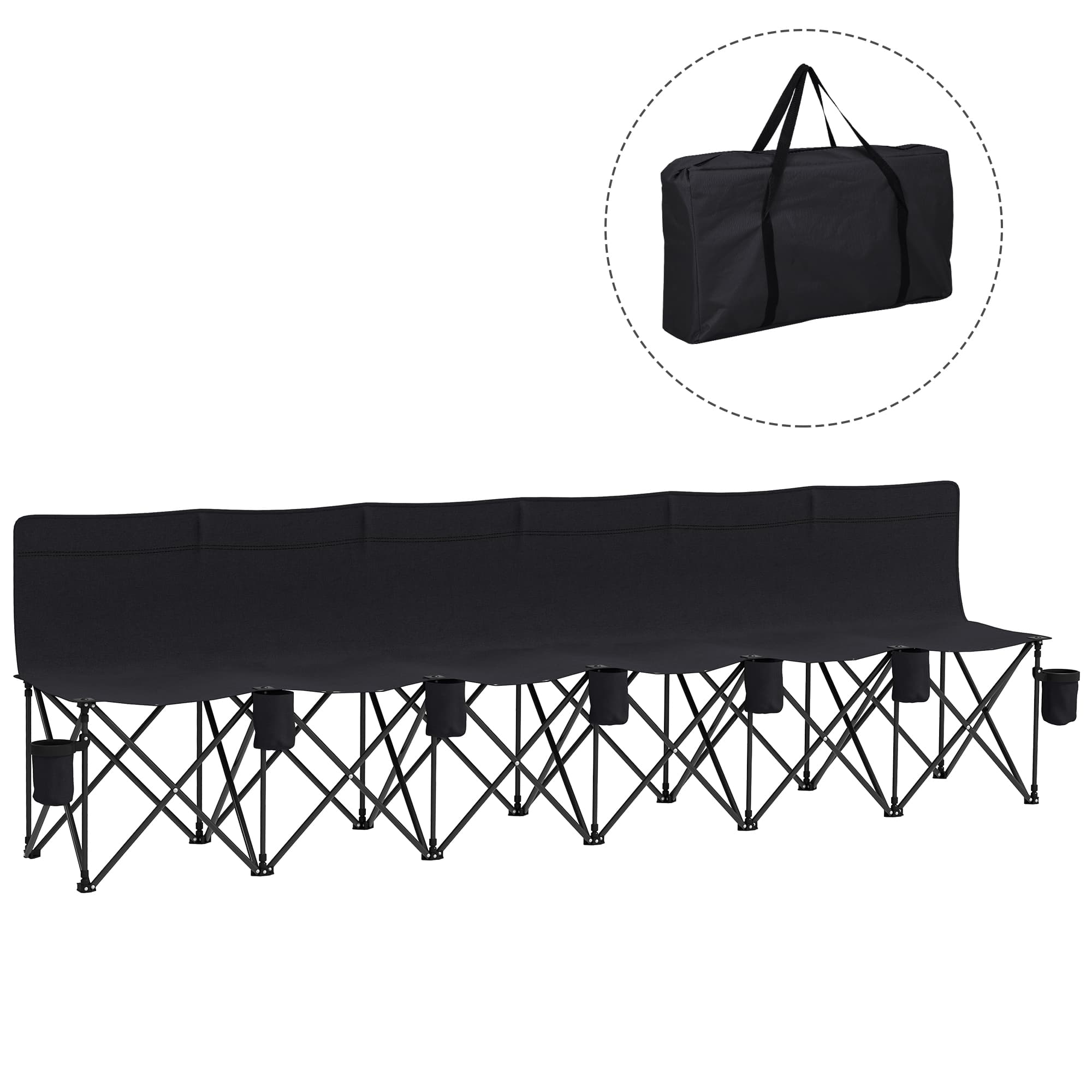 Outsunny 6 Seater Folding Sports Bench Outdoor Picnic Camping Portable Spectator Chair Steel Frame w/Cup Holder & Carry Bag - Black