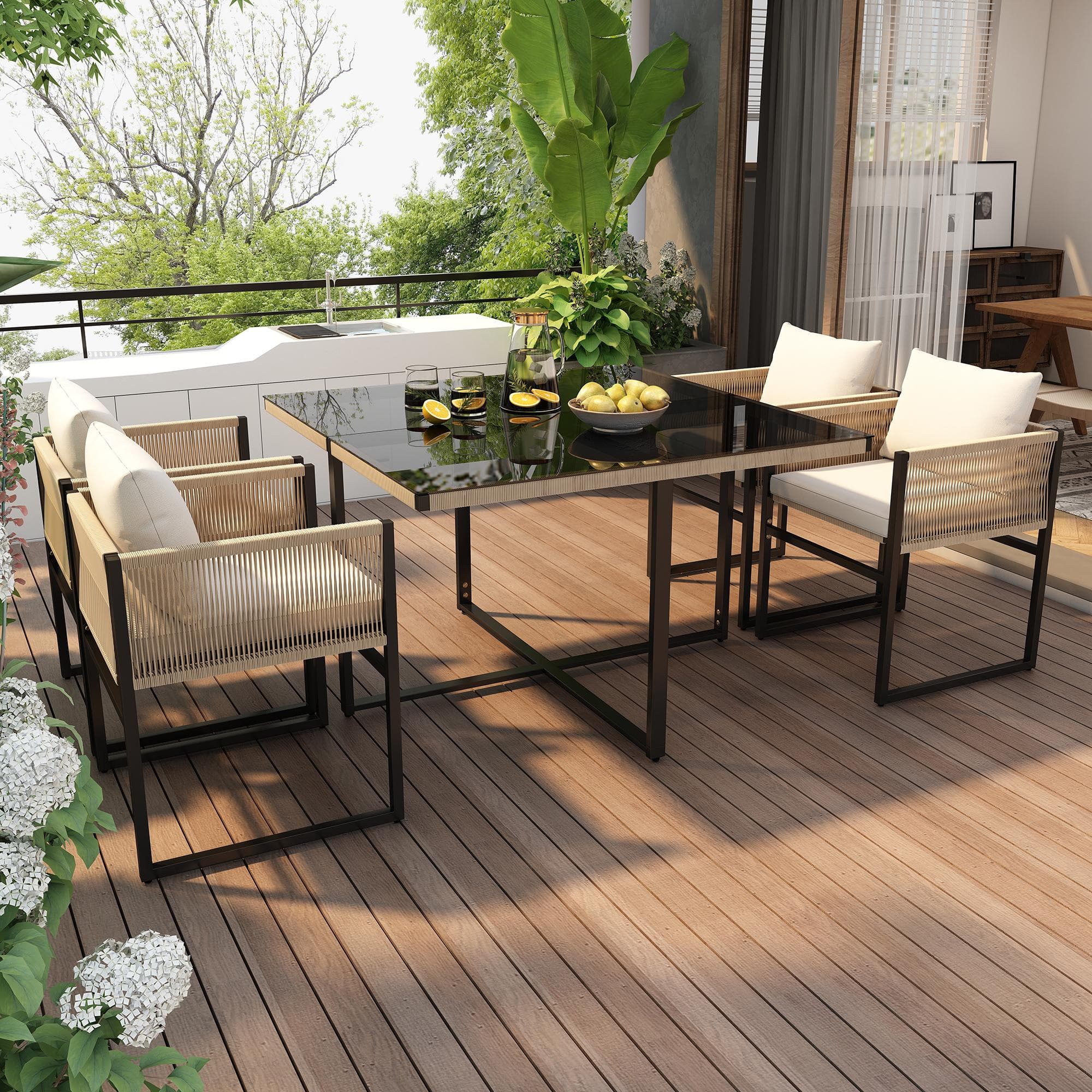 5-Piece Garden Dining Set with Hand-Woven Rope Chairs, Garden Table and Chairs with Cushions for Balcony & Patio, 110L x 110W x 74H cm, Beige & Black | Aosom UK