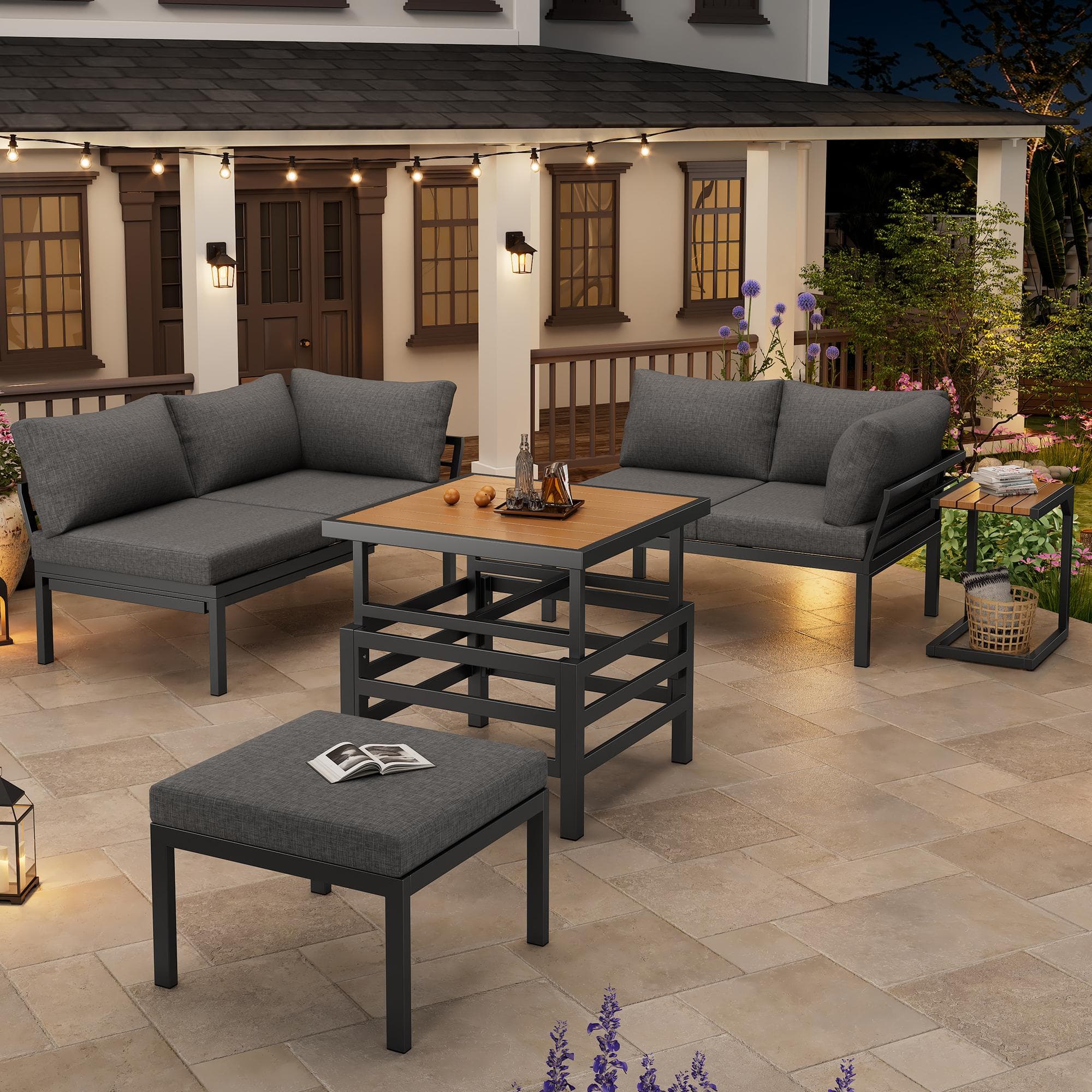 4-Piece Garden Corner Sofa Set with Cushions with Extendable Lift-Top Coffee Table, Patio Sectional Conservatory Furniture for Patio, Gray | Aosom UK