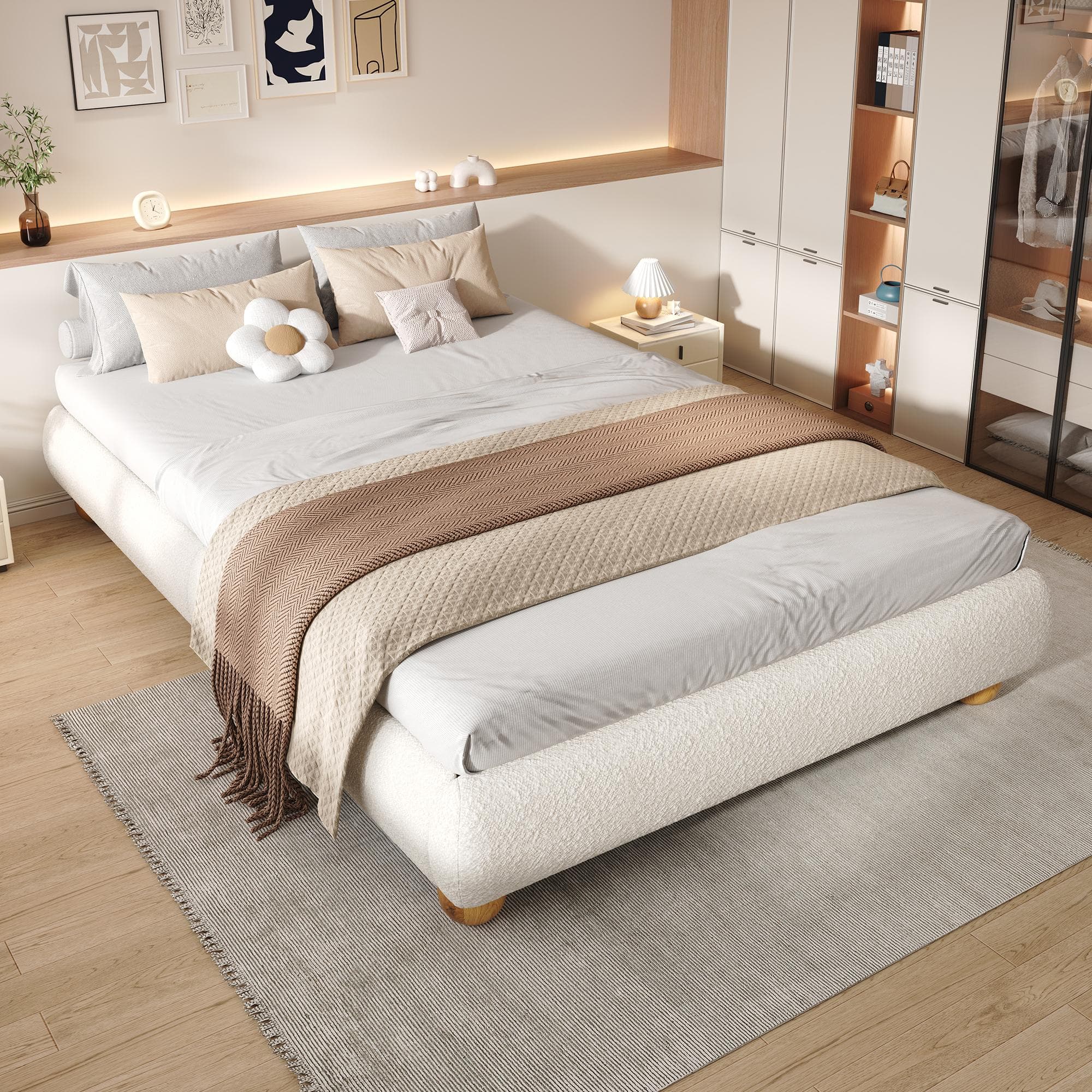 Modern Upholstered Double Bed with Sturdy Slatted Frame, Bouclé Platform Bed with Rounded Modern Legs, 197L x 146W x 30H cm, Beige | Aosom UK