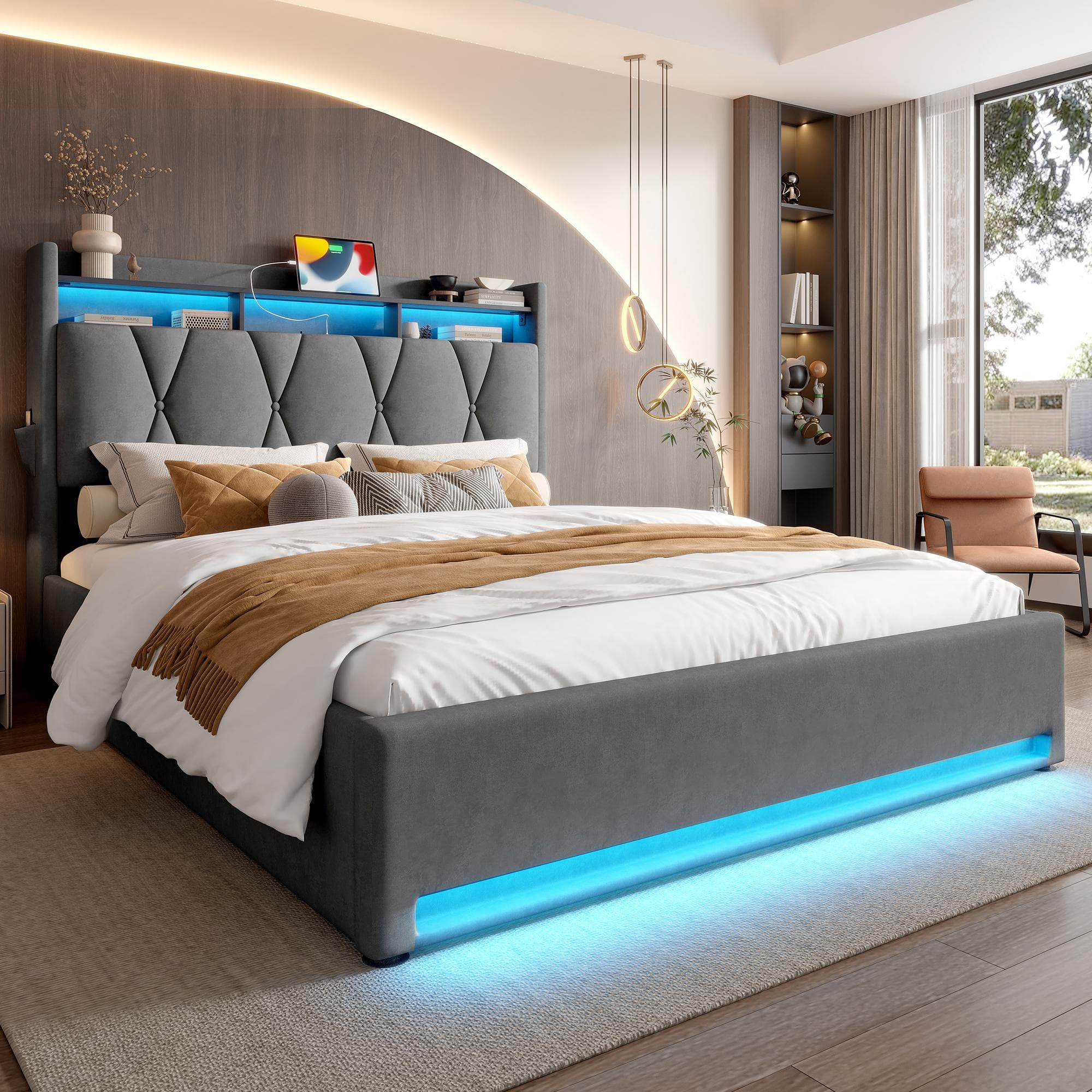 Padded Storage Bed Frame with LED Lighting and USB‑C Charging, Hydraulic Bed with Hidden Storage, 143L x 211W x 116.5H cm, Dark Gray | Aosom UK