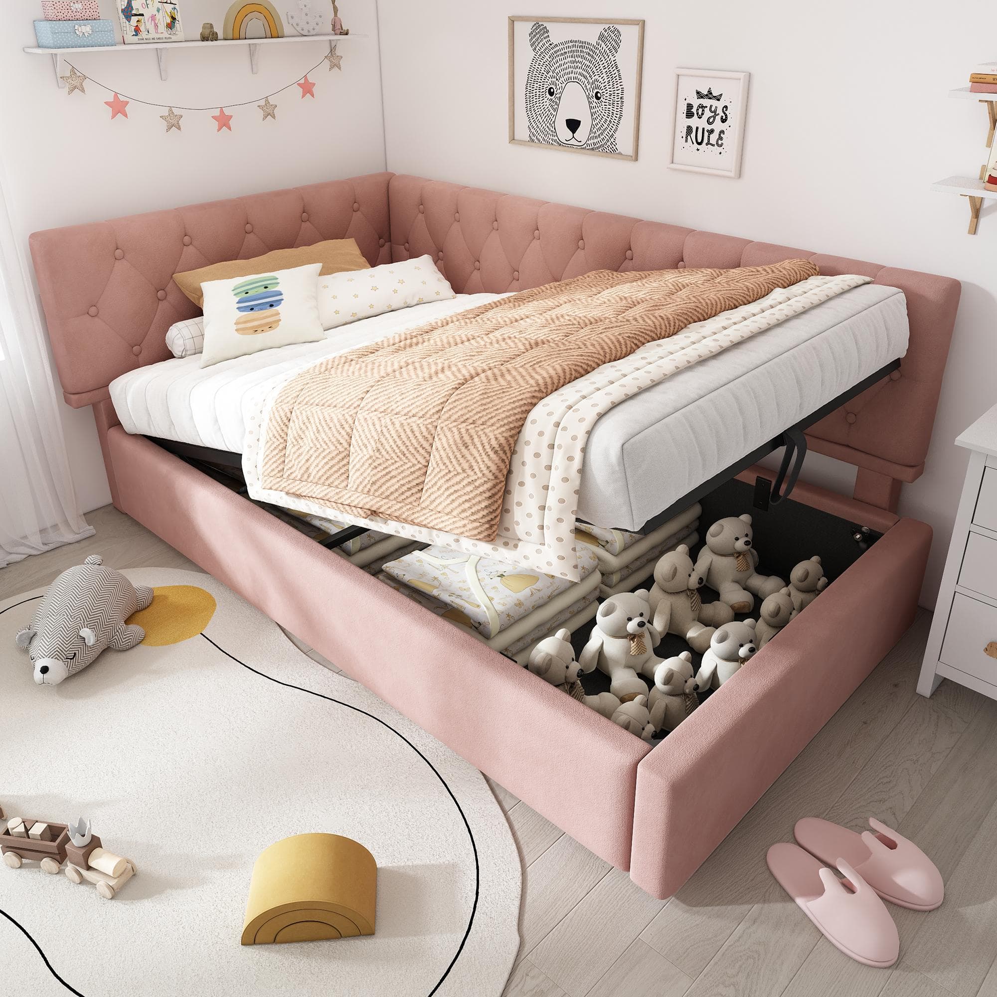 Stylish Upholstered Daybed with Hydraulic Ottoman Storage, L-Shaped Single Sofa Bed with Velvet Fabric, 196L x 100W x 77H cm, Pink | Aosom UK
