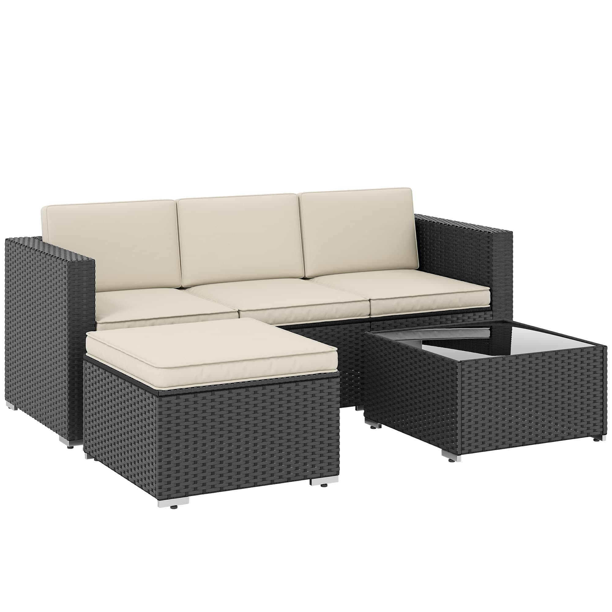 Outsunny 3 Pieces Garden Furniture Set w/ Cushions, PE Rattan Wicker Conversation Corner Sofa Set