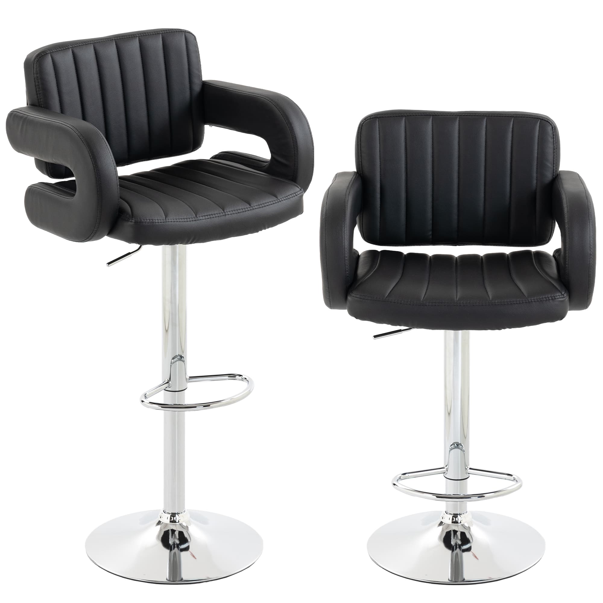 HOMCOM Bar Stools Adjustable Swivel Kitchen Chairs with Backrest Armrest Set of 2 PU Leather Black