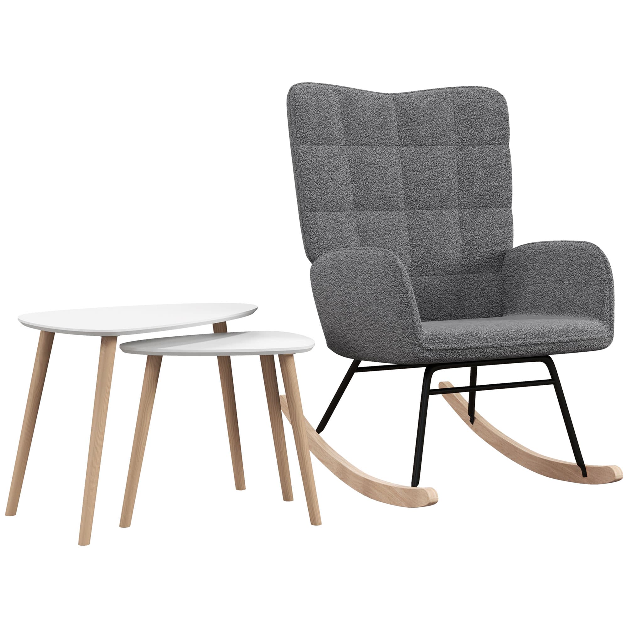 HOMCOM Living Room Furniture Set, Wingback Rocking Chair and Two Nesting Coffee Tables, White and Dark Grey