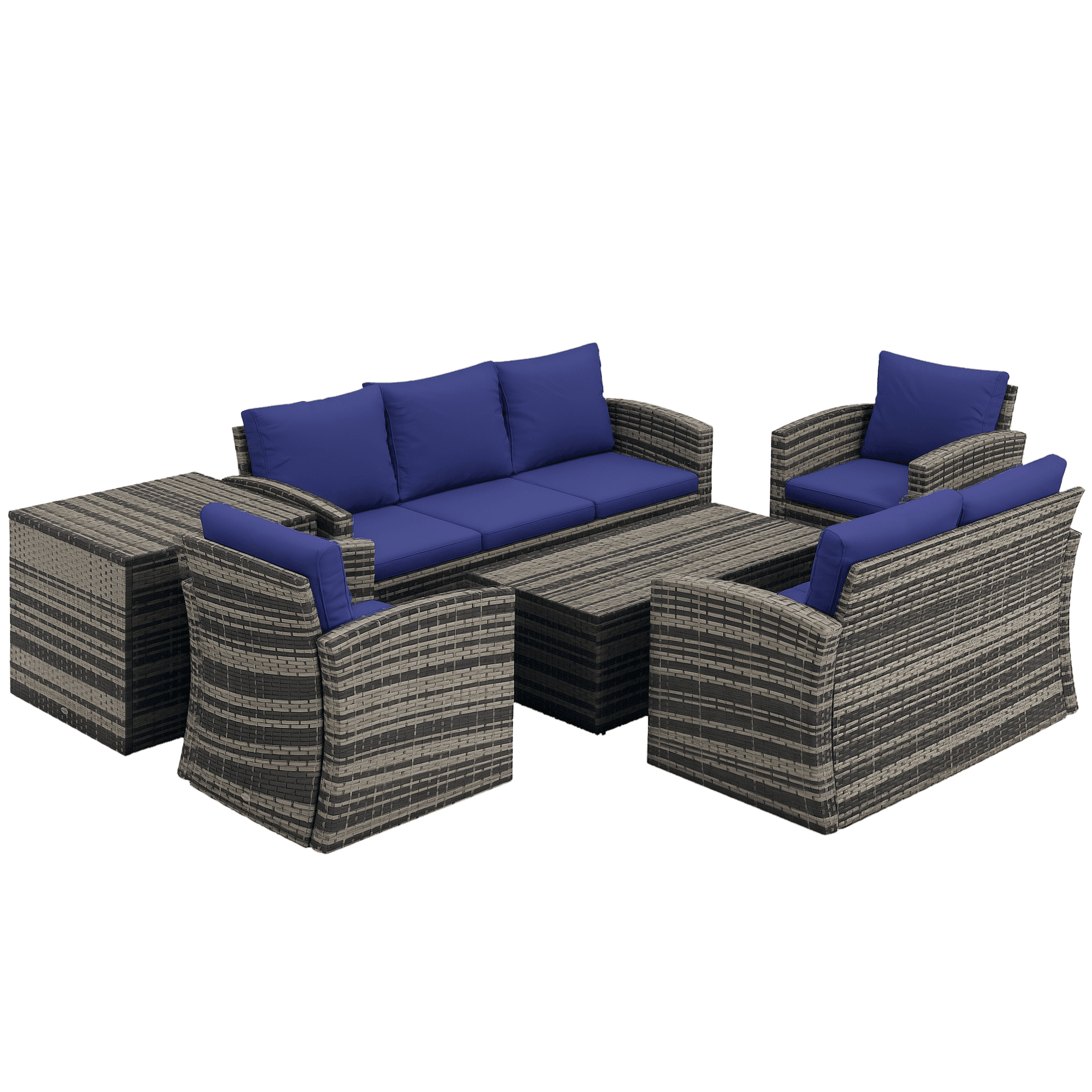 Outsunny 6 Pieces Rattan Garden Furniture Set, 7 Seater Wicker Outdoor Furniture Set with Storage Tea Table, Side Table, Cushions, Navy Blue