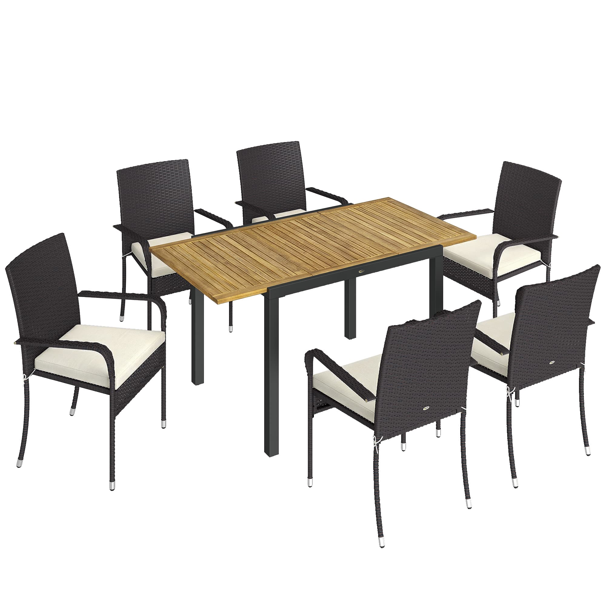 Outsunny 7 Piece Rattan Garden Furniture Set, 6 Seater Garden Table and 6 Stackable Chairs with Extendable Acacia Wood Tabletop