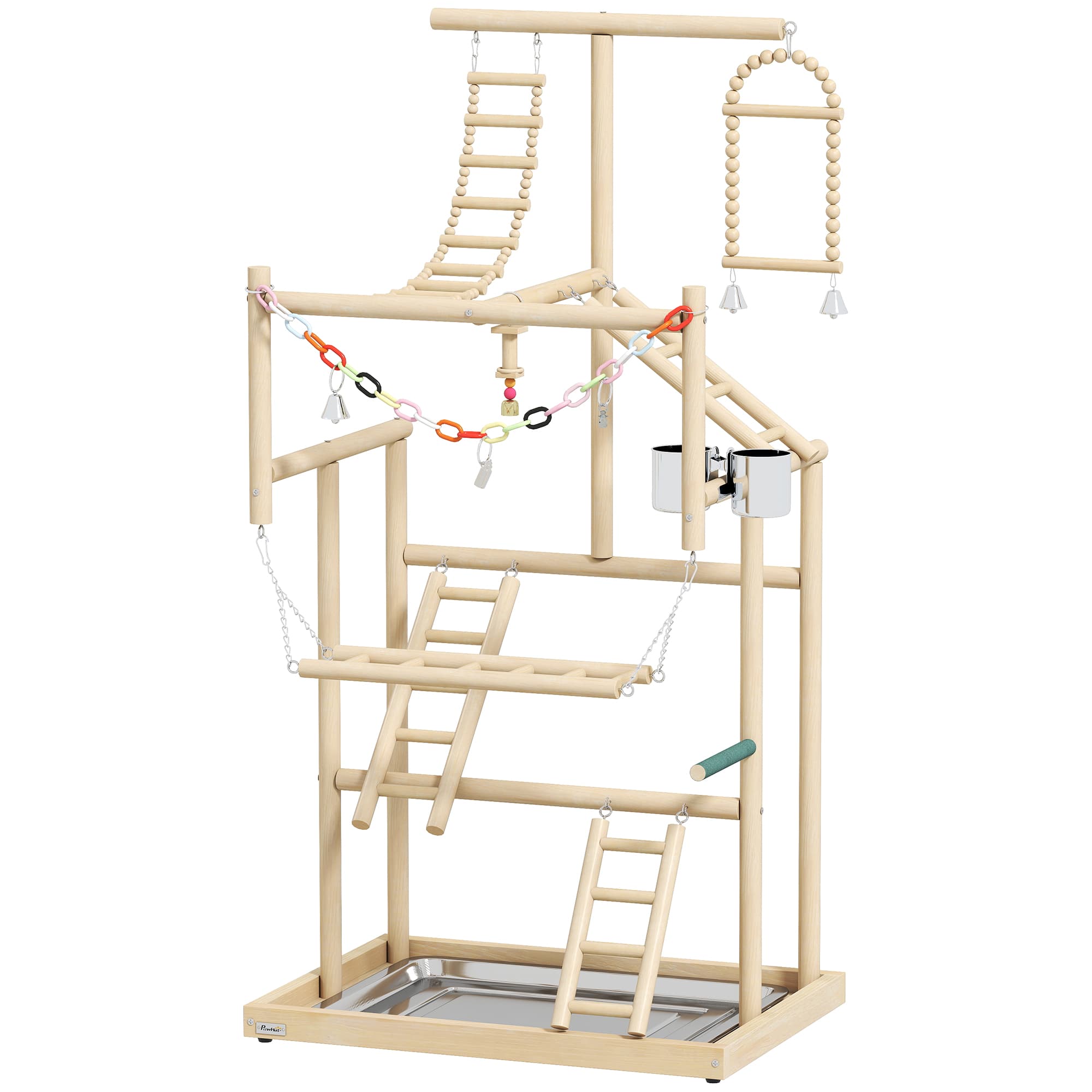 PawHut 95 cm Wooden Bird Playground with Ladders, Chain Toy, Stainless Steel Cups and Tray, Bird Cage Accessories, Natural