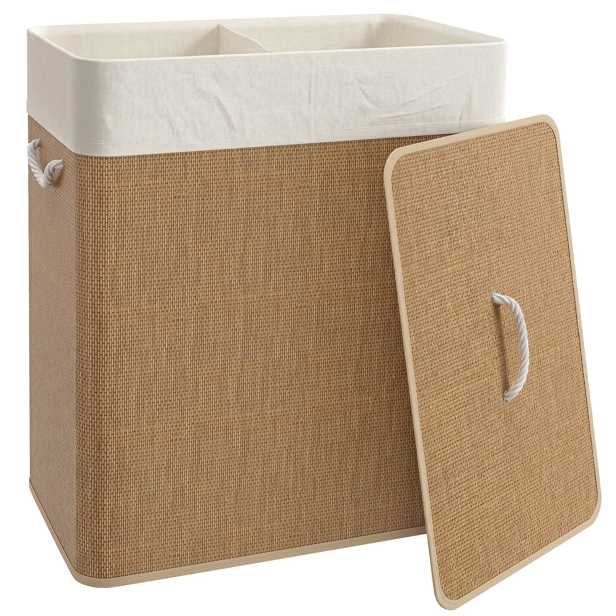 HOMCOM Double Laundry Basket with Lid, 100L Bamboo Laundry Hamper with Rope Handles, Washing Basket with Removable Liner for Bathroom, Bedroom, Brown