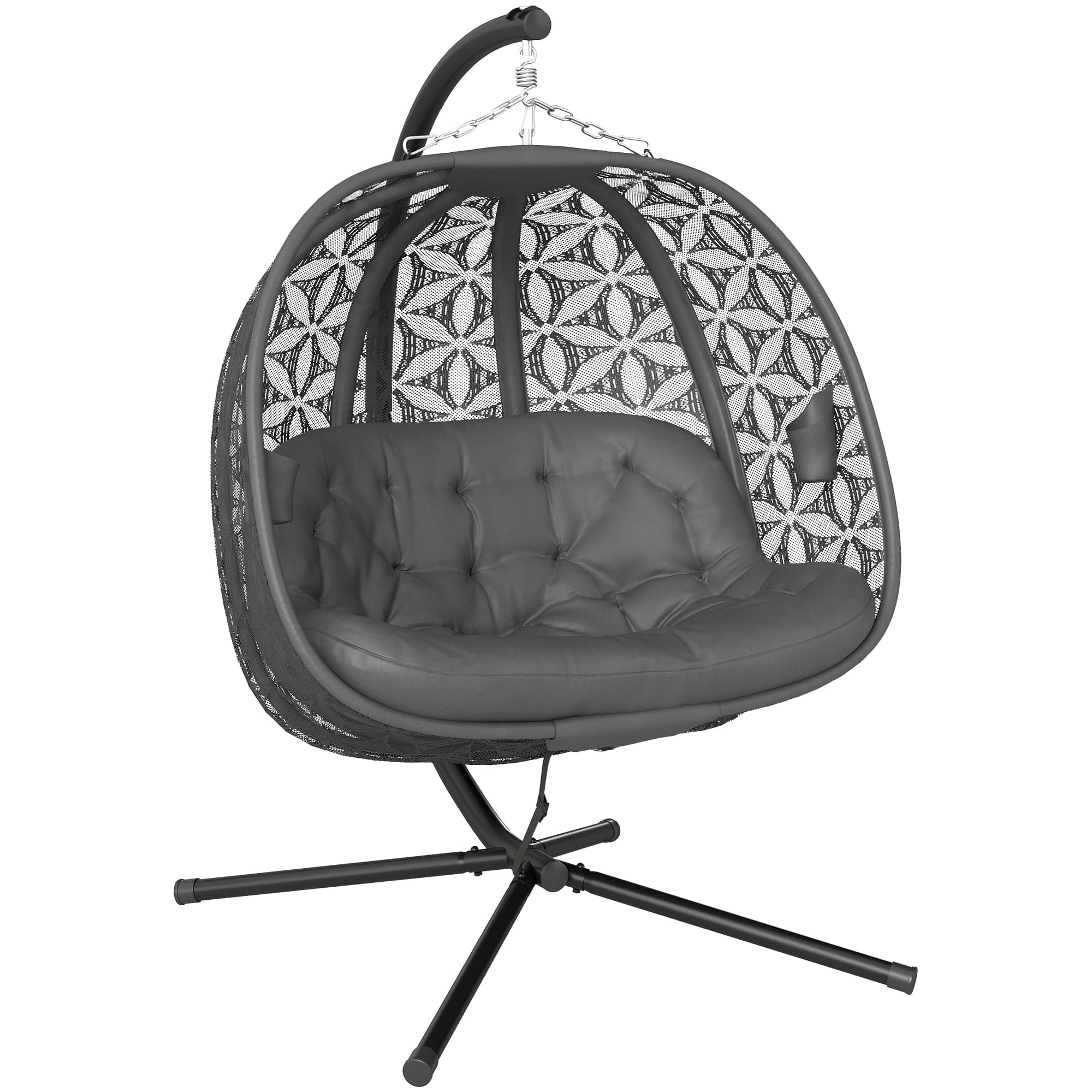 Outsunny Outdoor Double Hanging Chair with Cushion and Cup Holders, Charcoal Grey