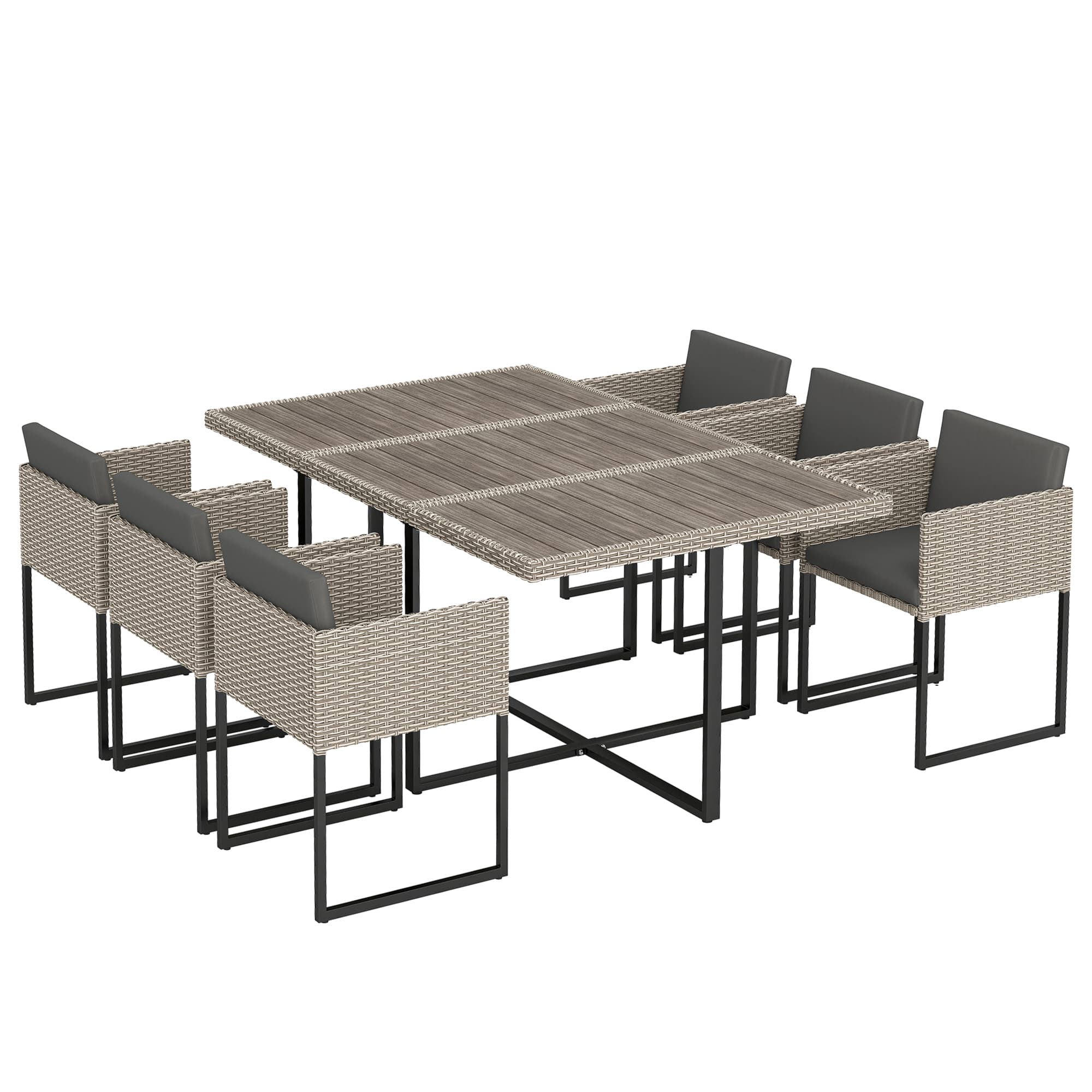 Outsunny 7 Piece Rattan Garden Furniture Set, Garden Dining Set with Wood-Plastic Table and 6 Stackable Chairs, Light Grey