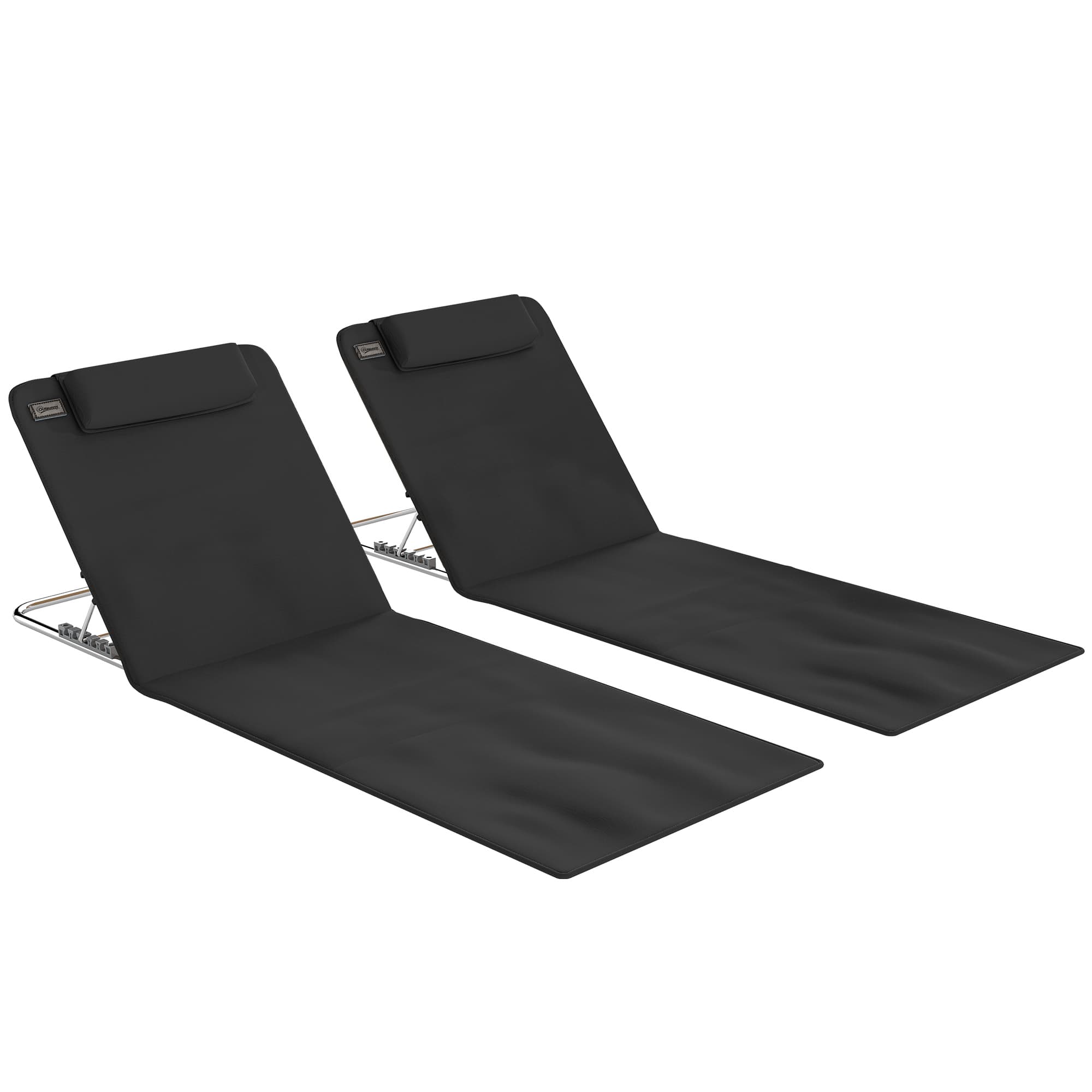 Outsunny Foldable Beach Chair Mats Set of 2: Lightweight Garden Sun Loungers with Adjustable Back & Head Pillow, Black | Aosom UK