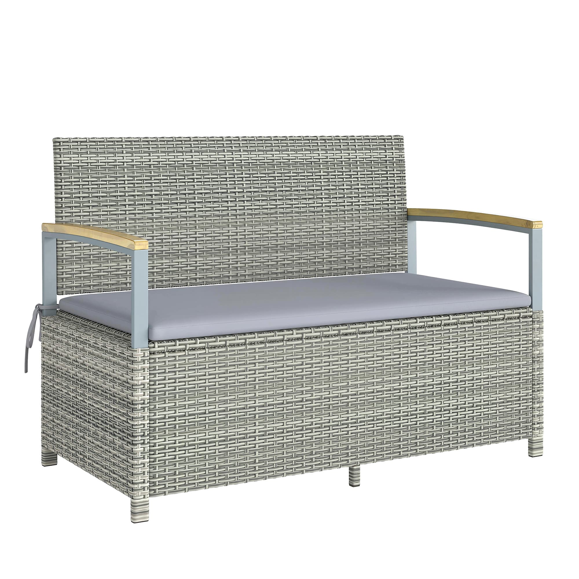 Outsunny 144 L Garden Storage Bench with Zipped Liner, 2 Seater Rattan Garden Bench with Storage, Gas Strut, Cushion, Light Grey