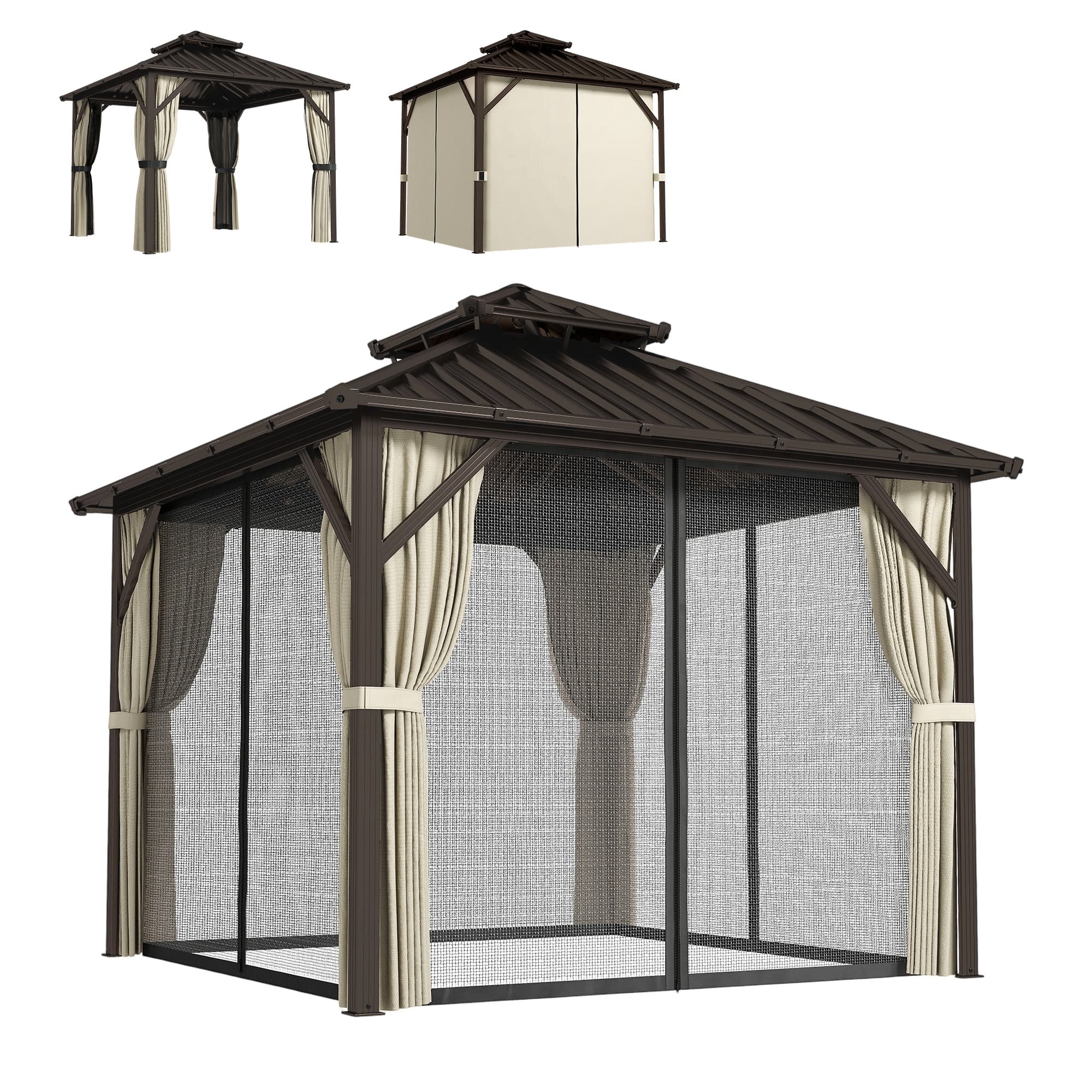 Outsunny 3x3 m Hardtop Gazebo Canopy with UPF50+ Double Galvanised Steel Roof, Aluminium Garden Gazebo Permanent Pavilion, Brown