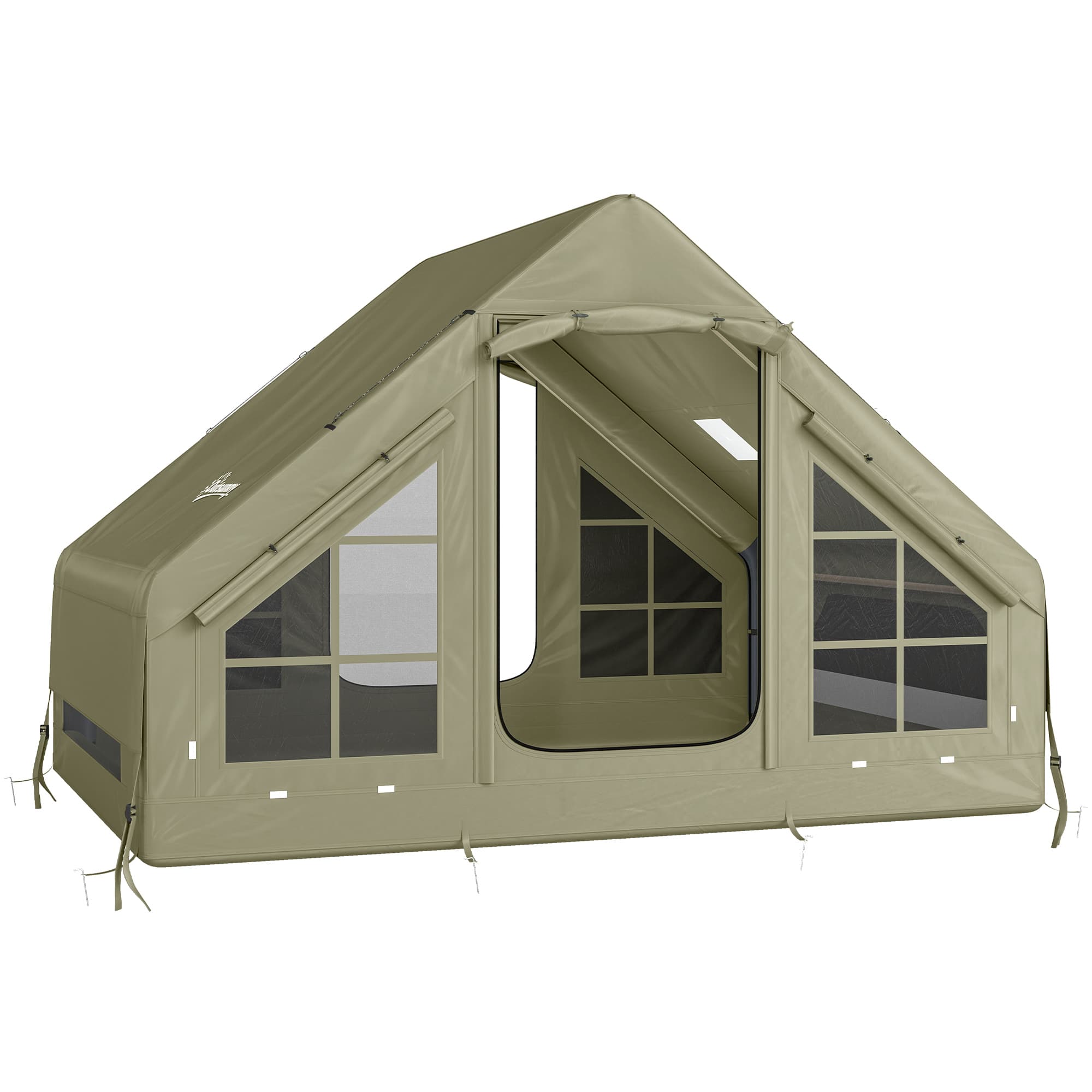 Outsunny Inflatable Camping Tent with Pump and Stove Jack Hole, Luxury Inflatable Tent with Built-in Hanging Hook for 2-4 People, Olive Green