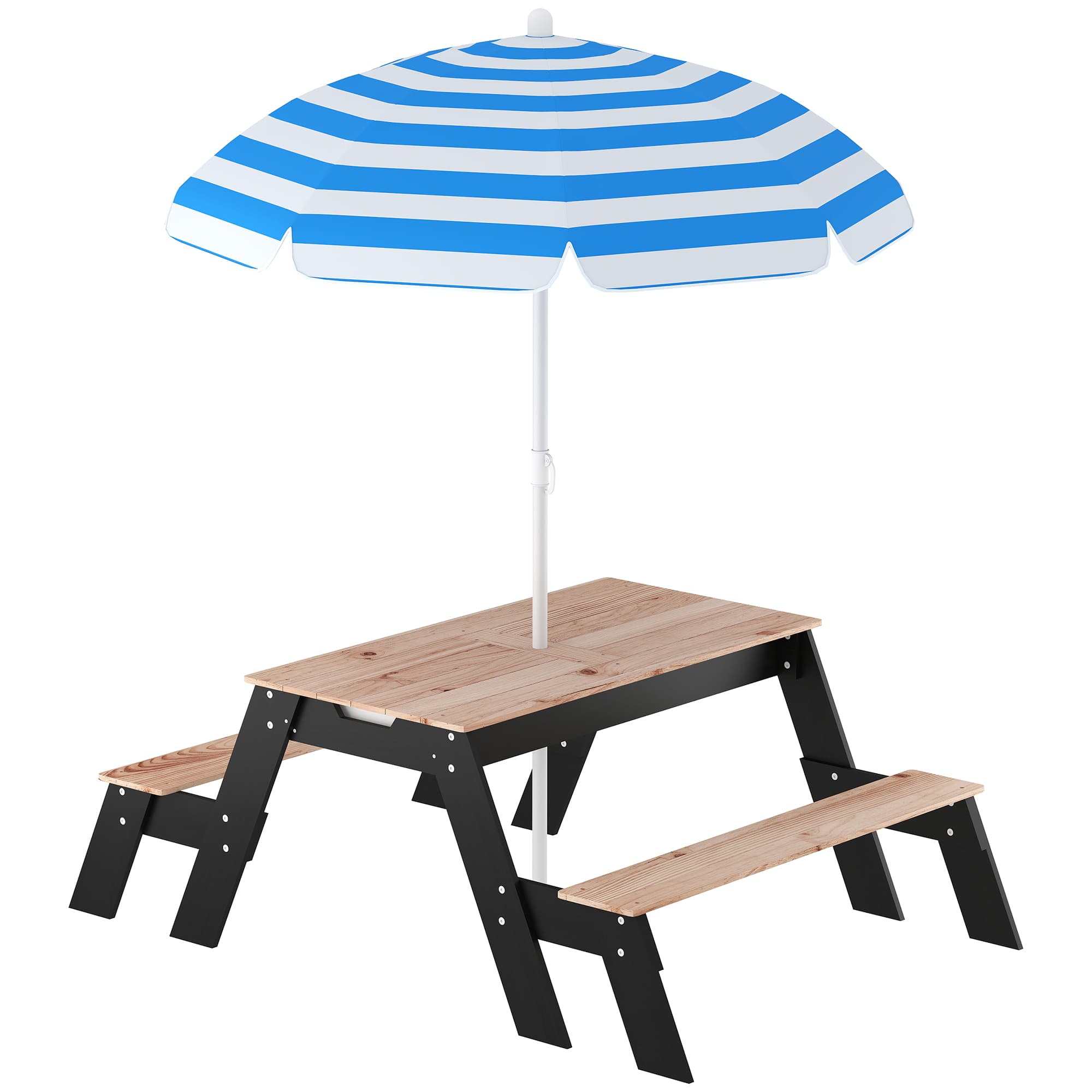 AIYAPLAY Kids Garden Furniture with Parasol, 3 in 1 Wooden Sand and Water Table with 2 Hidden Play Boxes for Patio, Ages 3-6