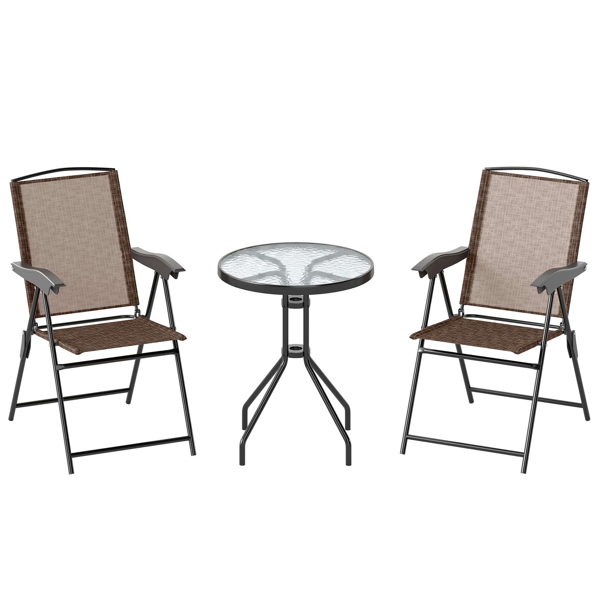 Outsunny 3 Piece Patio Furniture Garden Bistro Set Outdoor 2 Folding Chairs 1 Tempered Glass Table Adjustable Backrest Metal - Brown | Aosom UK