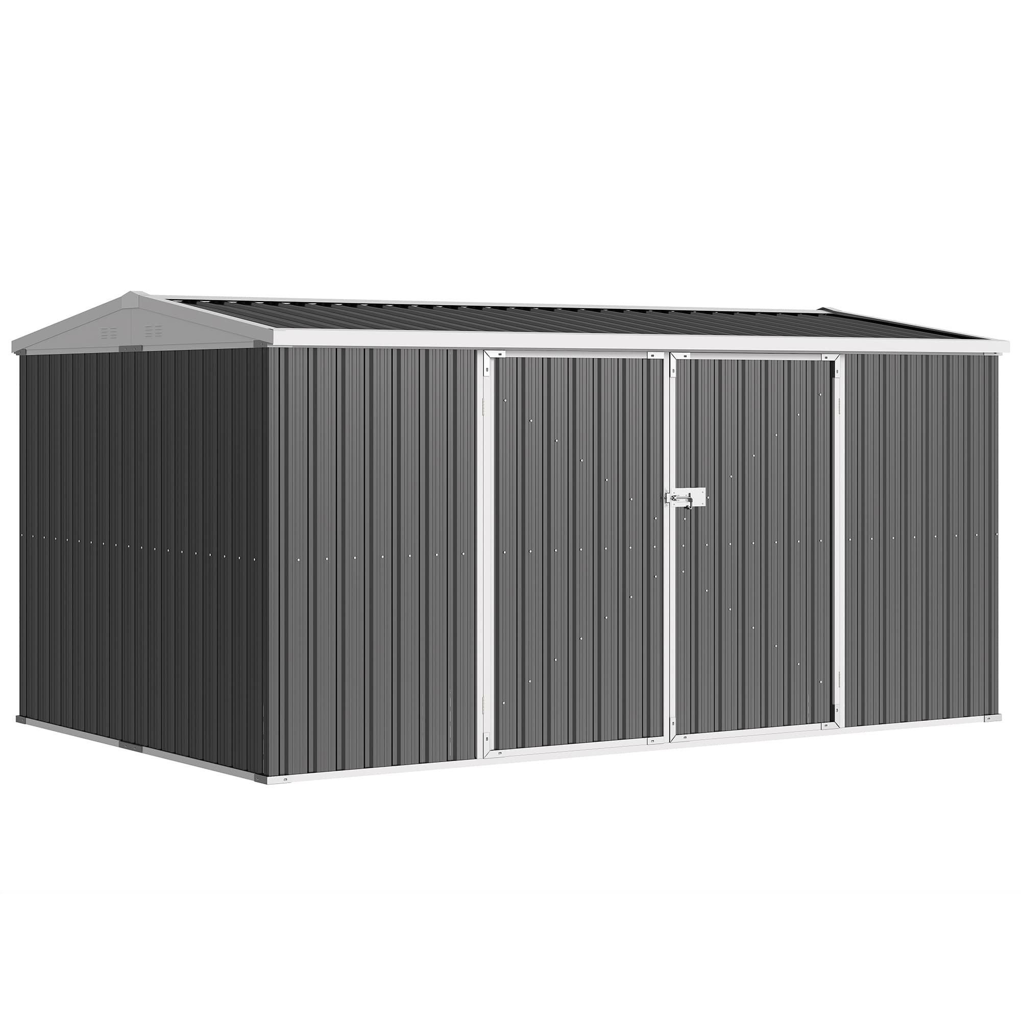 Outsunny 14 x 8 ft Lockable Garden Shed Large Patio Roofed Tool Metal Storage Building Foundation Sheds Box Outdoor Furniture, Grey