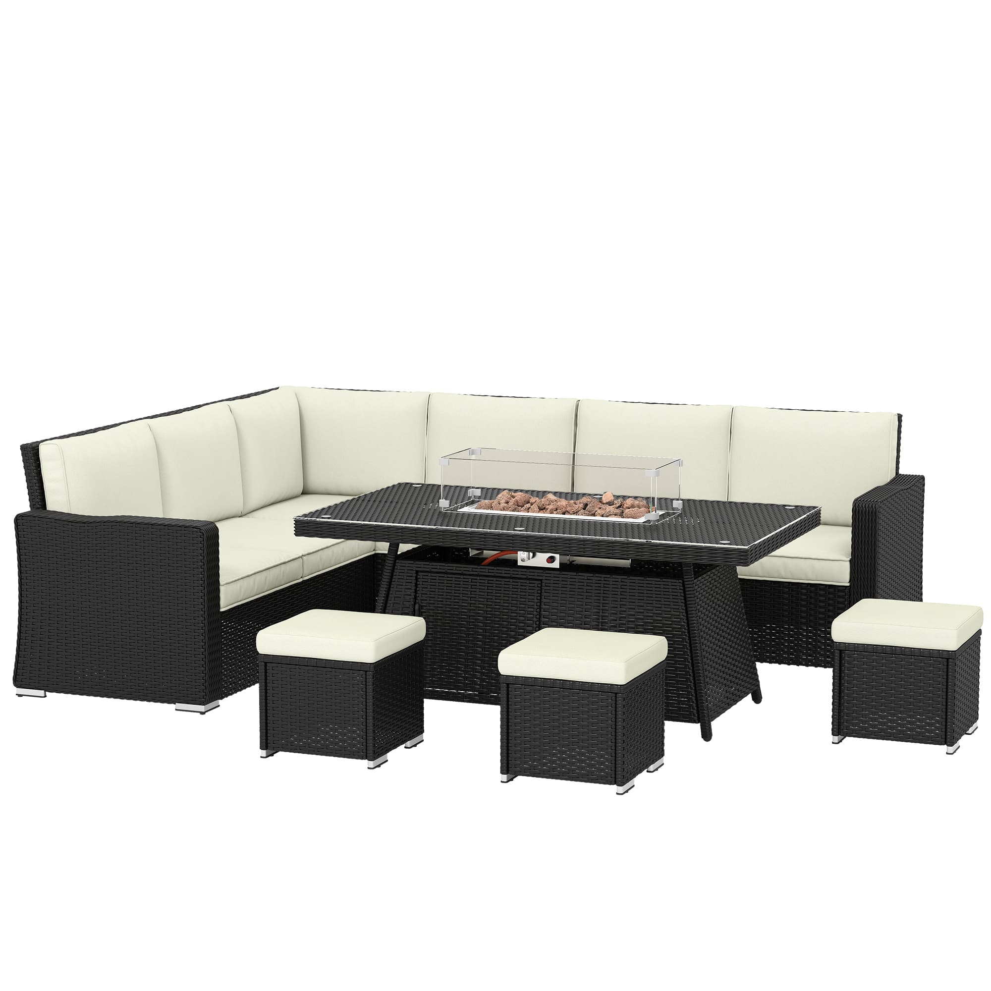 Outsunny 7 Pieces PE Rattan Garden Furniture Set, 50,000 BTU Gas Fire Pit Table, Double Corner Sofa and 3 Footstools