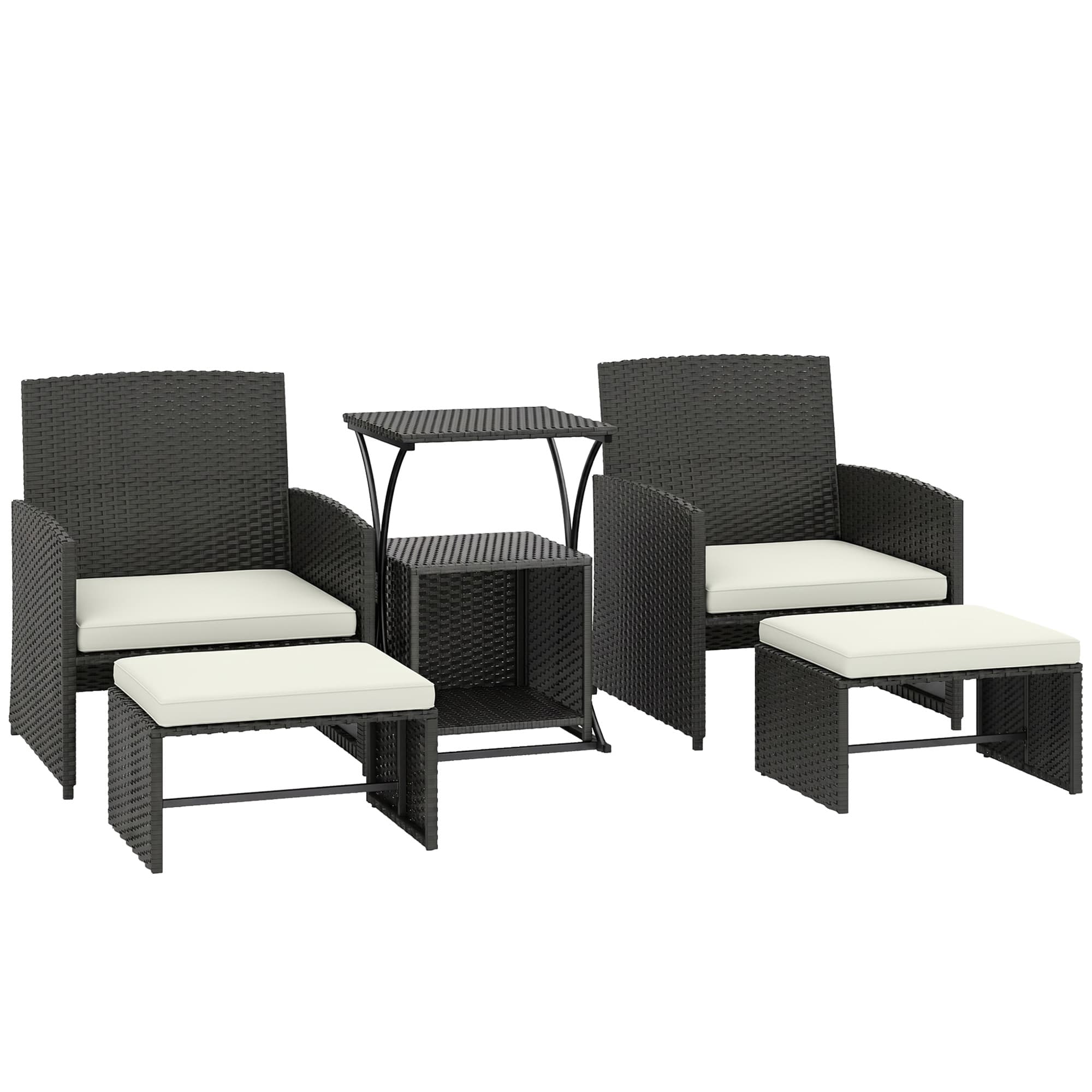 Outsunny 6 Piece Rattan Garden Furniture, Space-Saving Patio Furniture Set with Nesting Tables, Chairs, Stools, Cushions, Black