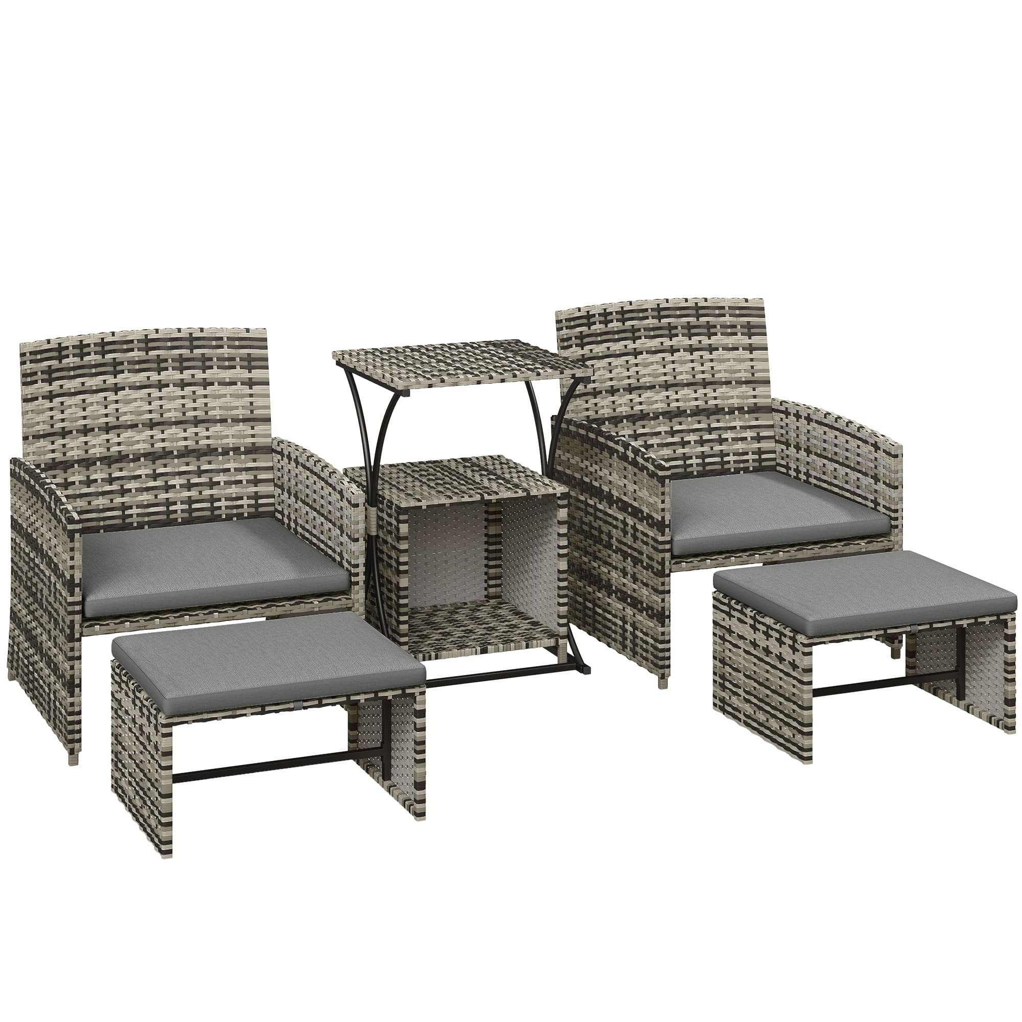 Outsunny 6 Piece Rattan Garden Furniture, Space-Saving Patio Furniture Set with Nesting Tables, Chairs, Stools, Cushions, Grey