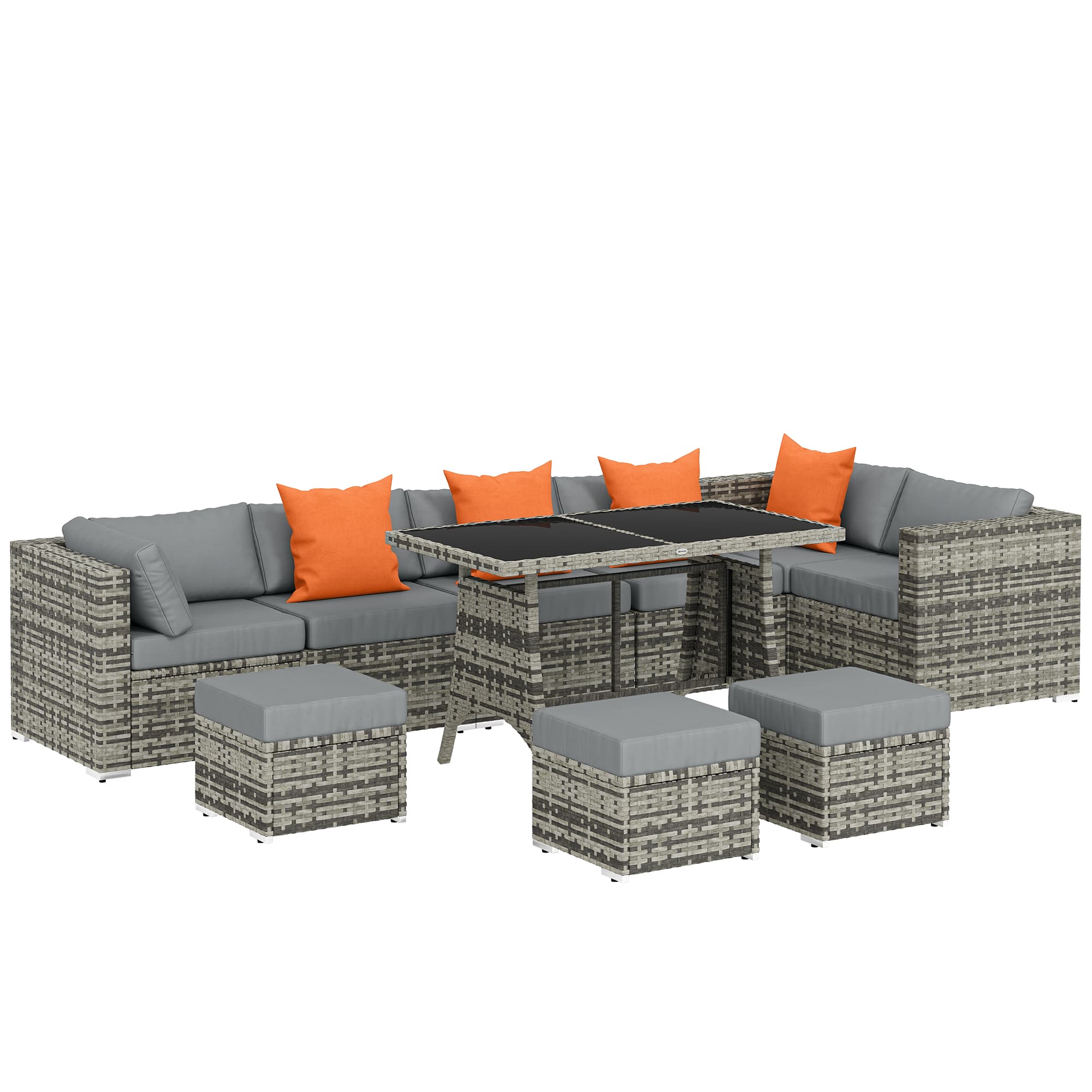 Outsunny 10 Piece Rattan Garden Furniture Set, 2 Corner Sofas with 4 Chairs, 4 Stools and Coffee Table, Outdoor Patio Furniture