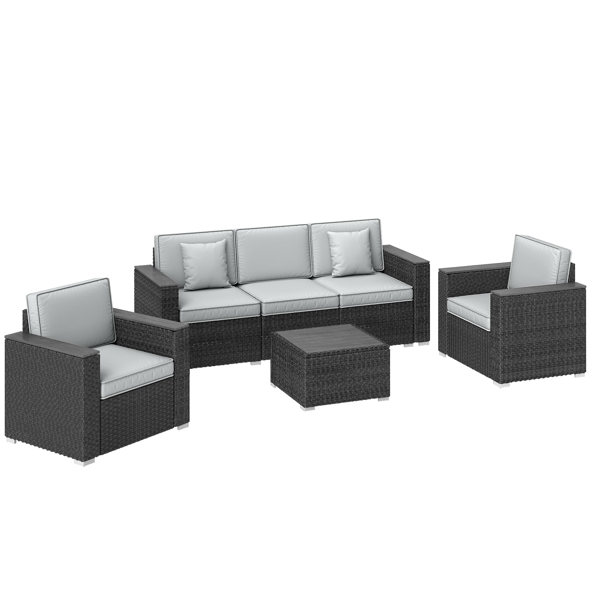 Outsunny 5 Seater Rattan Garden Furniture Set with Wide Armrests, Cushions, Pillows for Patio, Dark Grey