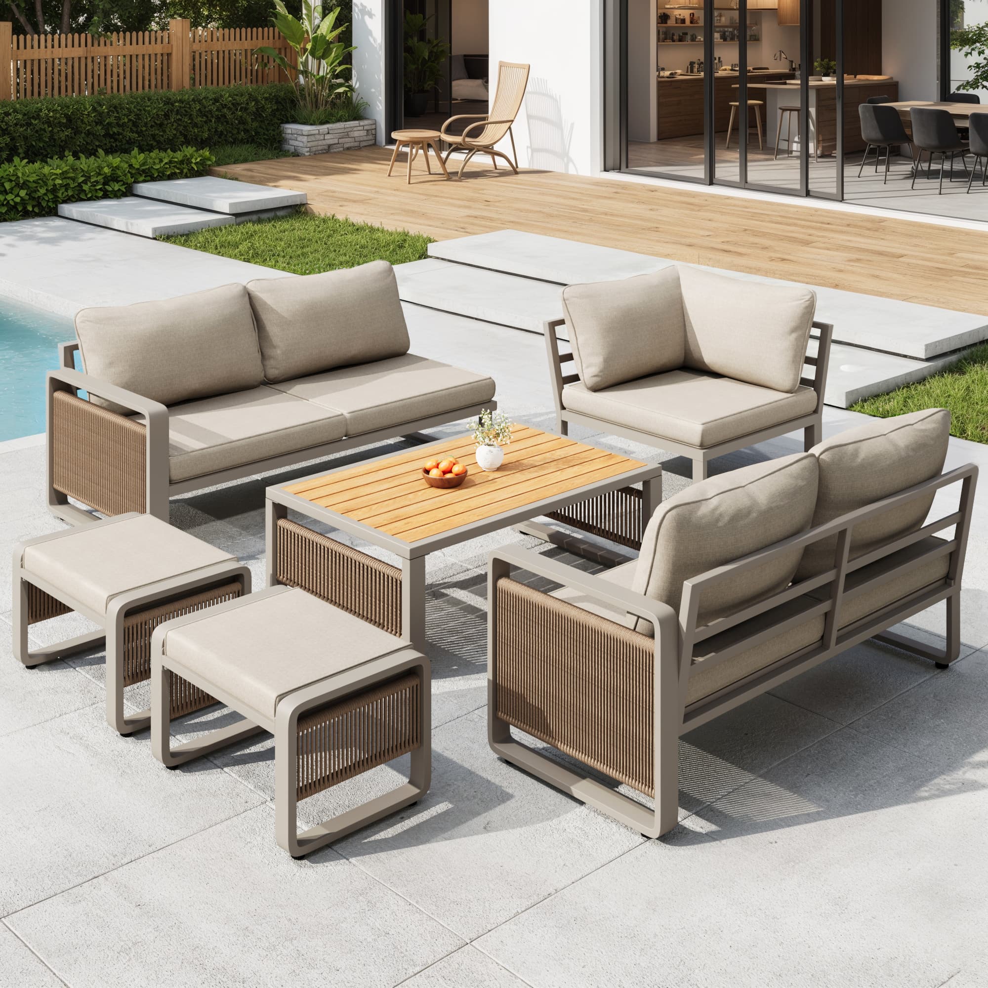 Modern Garden Corner Sofa Set with High‑Density Foam Cushions, Weatherproof Outdoor Set for 6-7 People, 120L x 65W x 66.5H cm, Beige | Aosom UK