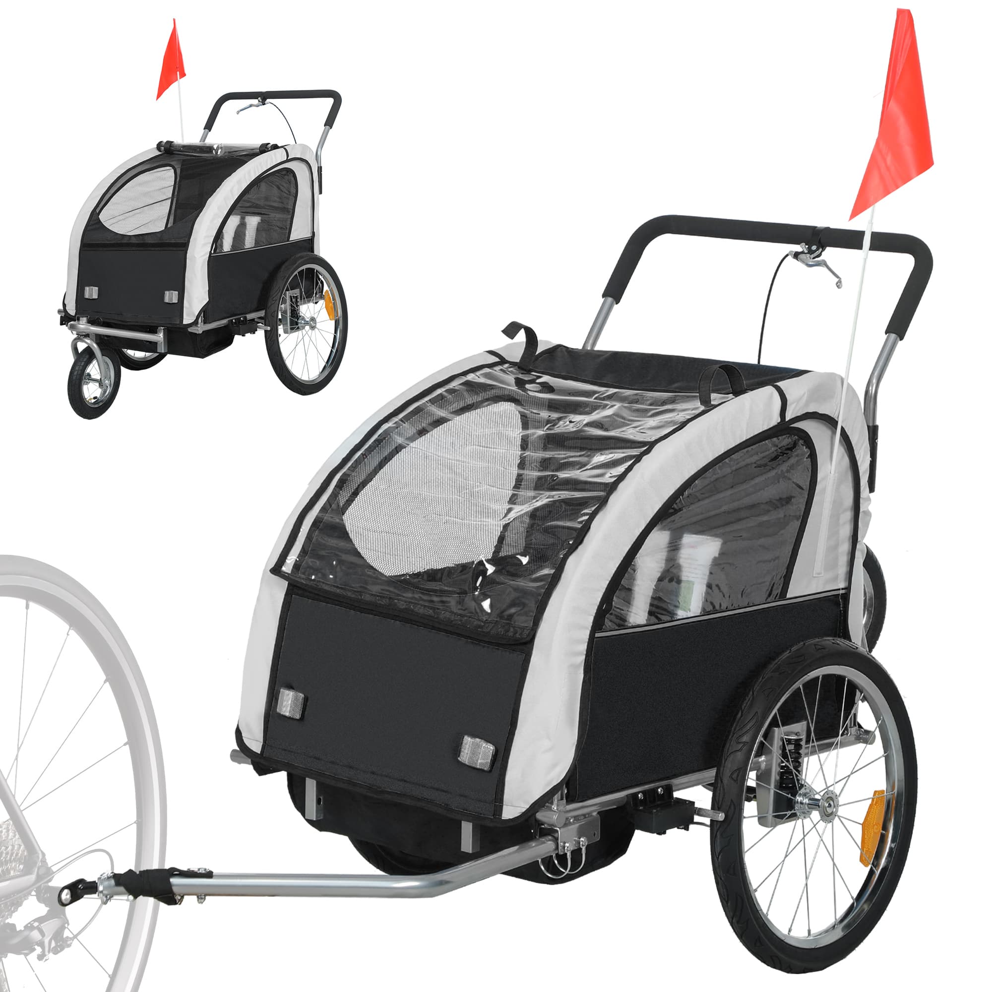 HOMCOM 2 Seat Bike Trailer with 5 Point Harness, Baby Bike Stroller with Safety Flag, Reflectors, for 18+ Months, Black