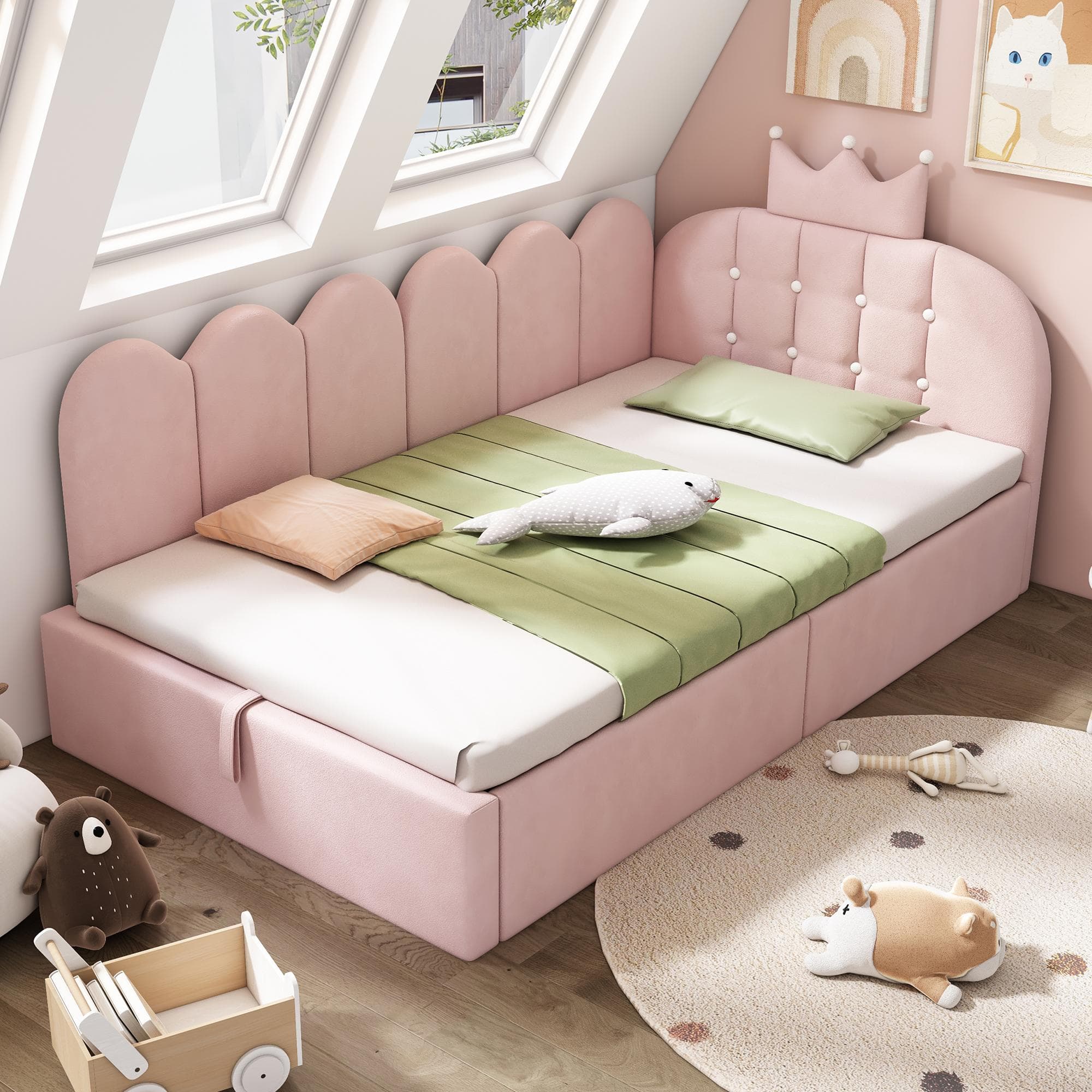 Upholstered Daybed with Hydraulic Storage and Crown Headboard, Pratical Guest Bed with Padded Velvet Upholstery, 199L x 96W x 96H cm, Pink | Aosom UK