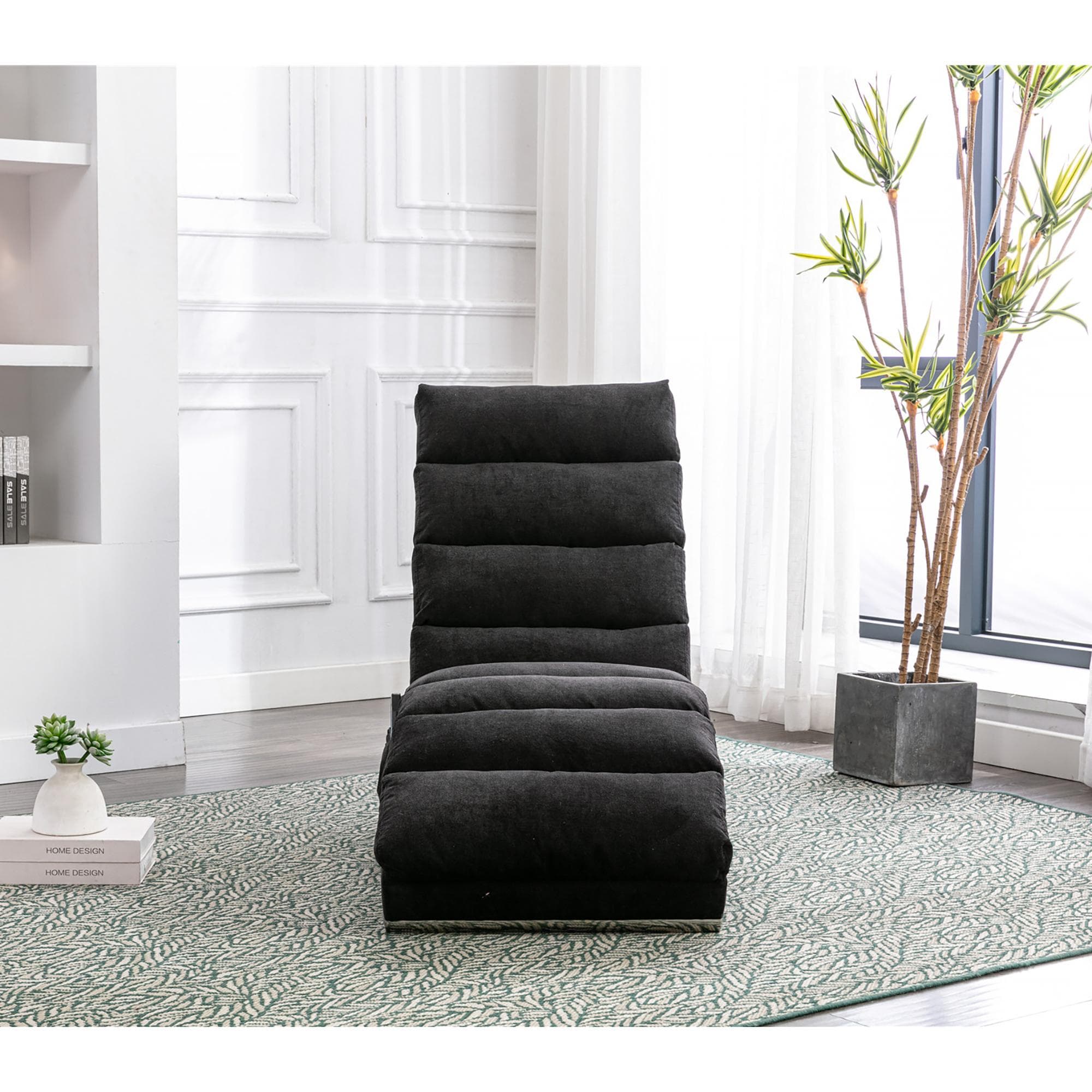 Fabric Relaxation Chaise Longue with Gentle Vibration, Contoured Ergonomic Floor Lounger with Side Pocket, 148L x 55W x 87H cm, Black | Aosom UK