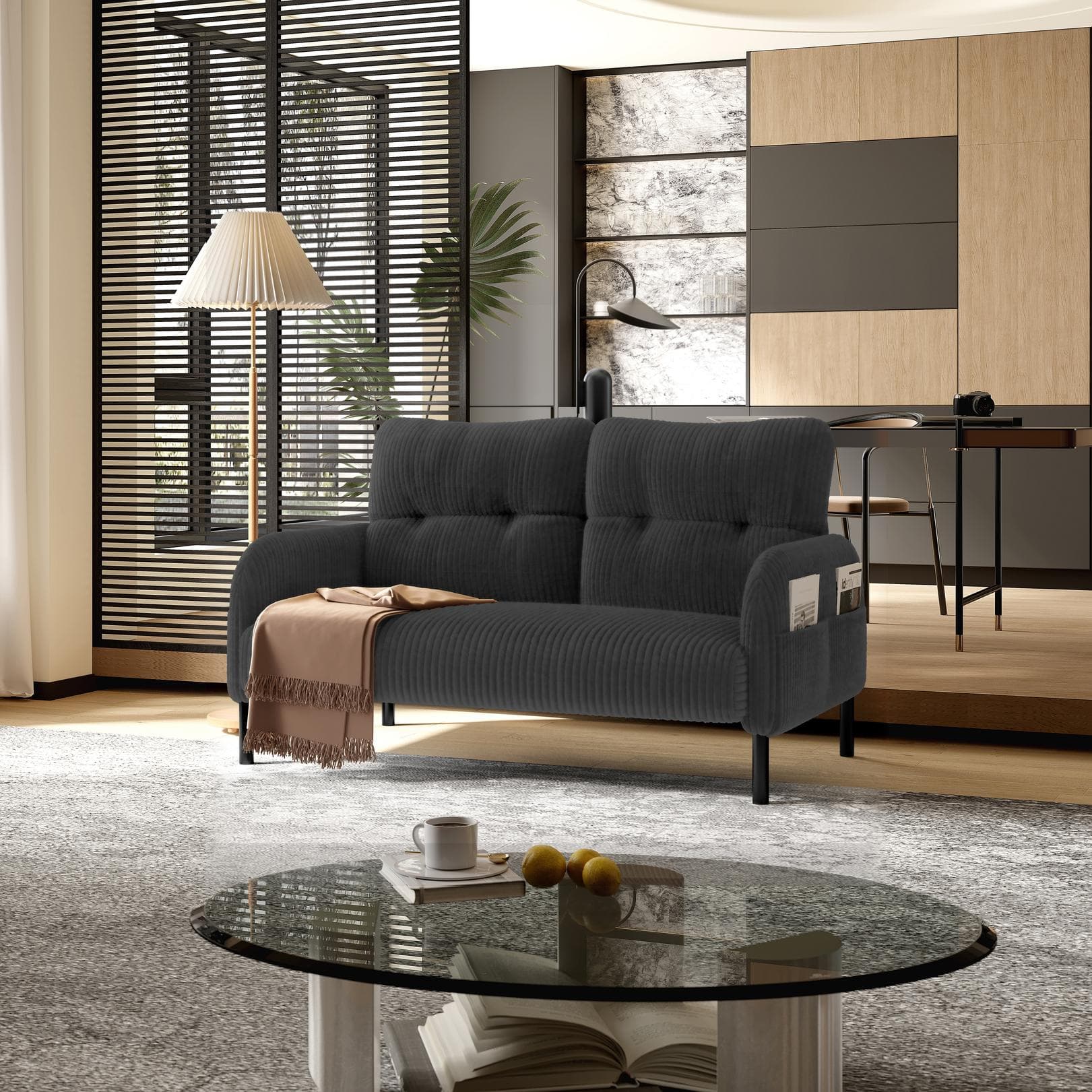 Modern Two-Seater Corduroy Sofa with High-Rebound Springs, Comfortable Loveseat with Side Storage Pockets, 120L x 65W x 79H cm, Gray | Aosom UK