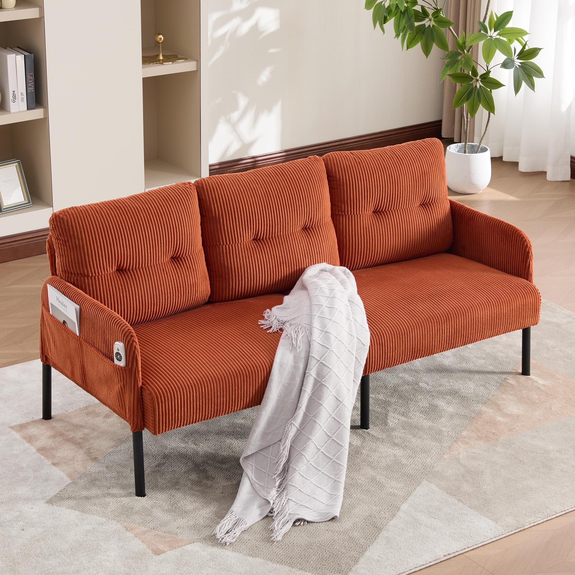 Oversized Two-Seater Corduroy Sofa with Ergonomic Curves, Comfortable Loveseat with Dual Side Storage Pockets, 171L x 72W x 80H cm, Orange | Aosom UK