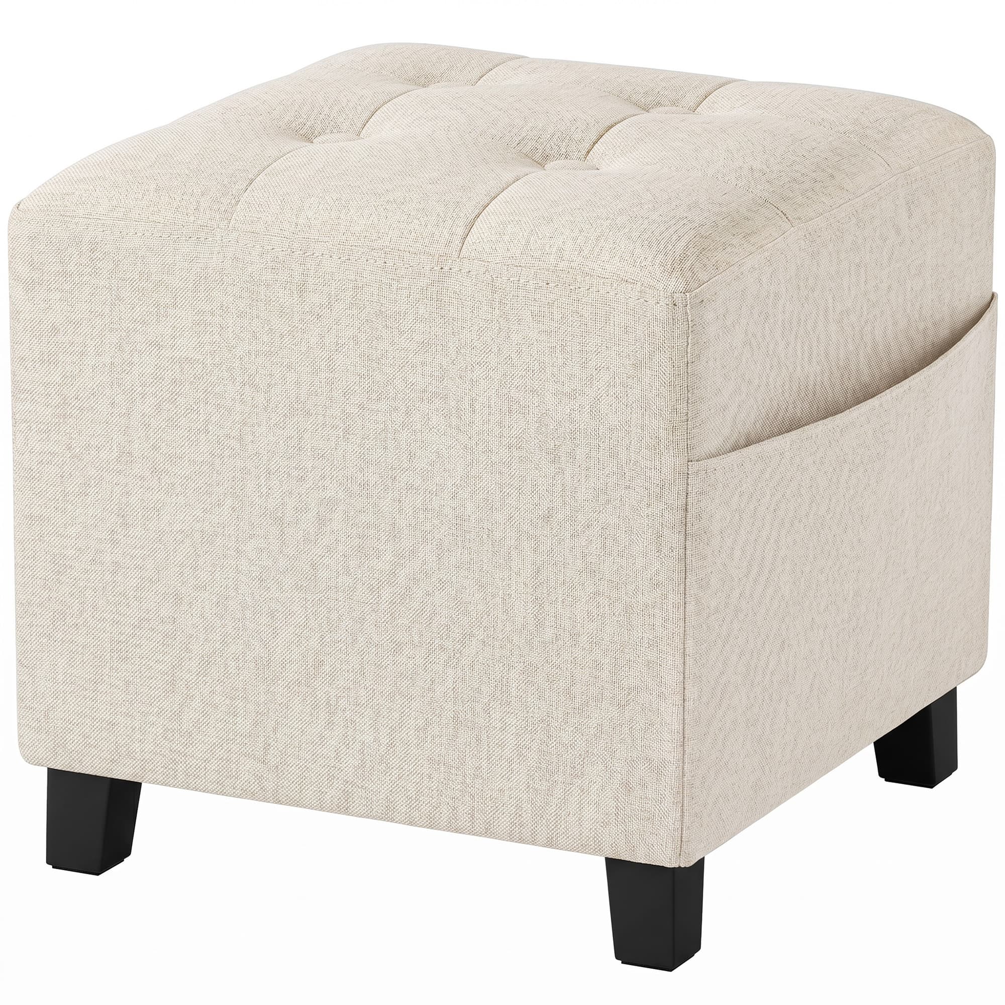 HOMCOM Small Ottoman, Square Footstool with Side Pocket, Rubber Wood Legs and Padded Seat for Living Room, Beige