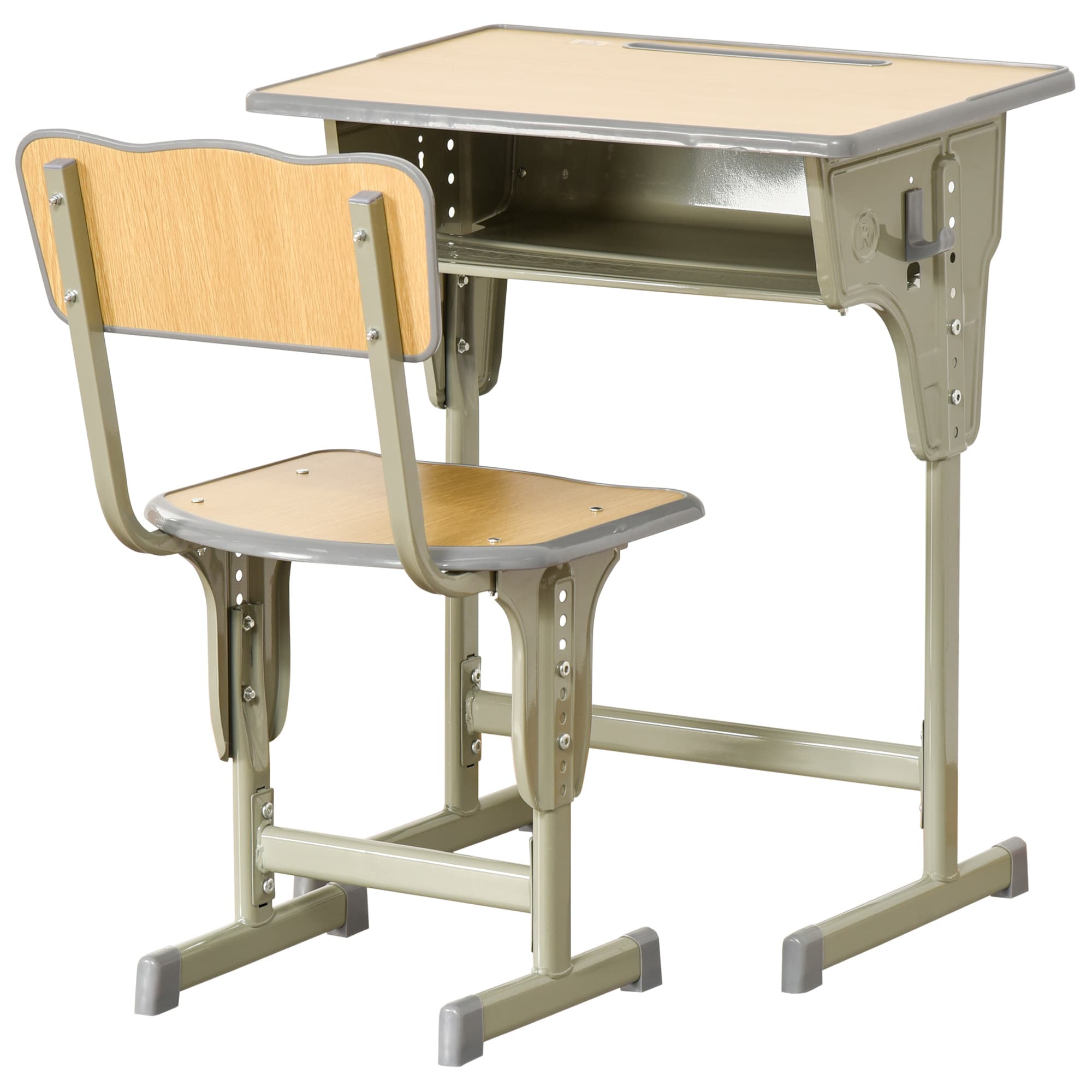 HOMCOM Height Adjustable Kids Desk and Chair Set with Storage Compartment, Bag Hook and Pen Holder, for 6-12 Years, Grey