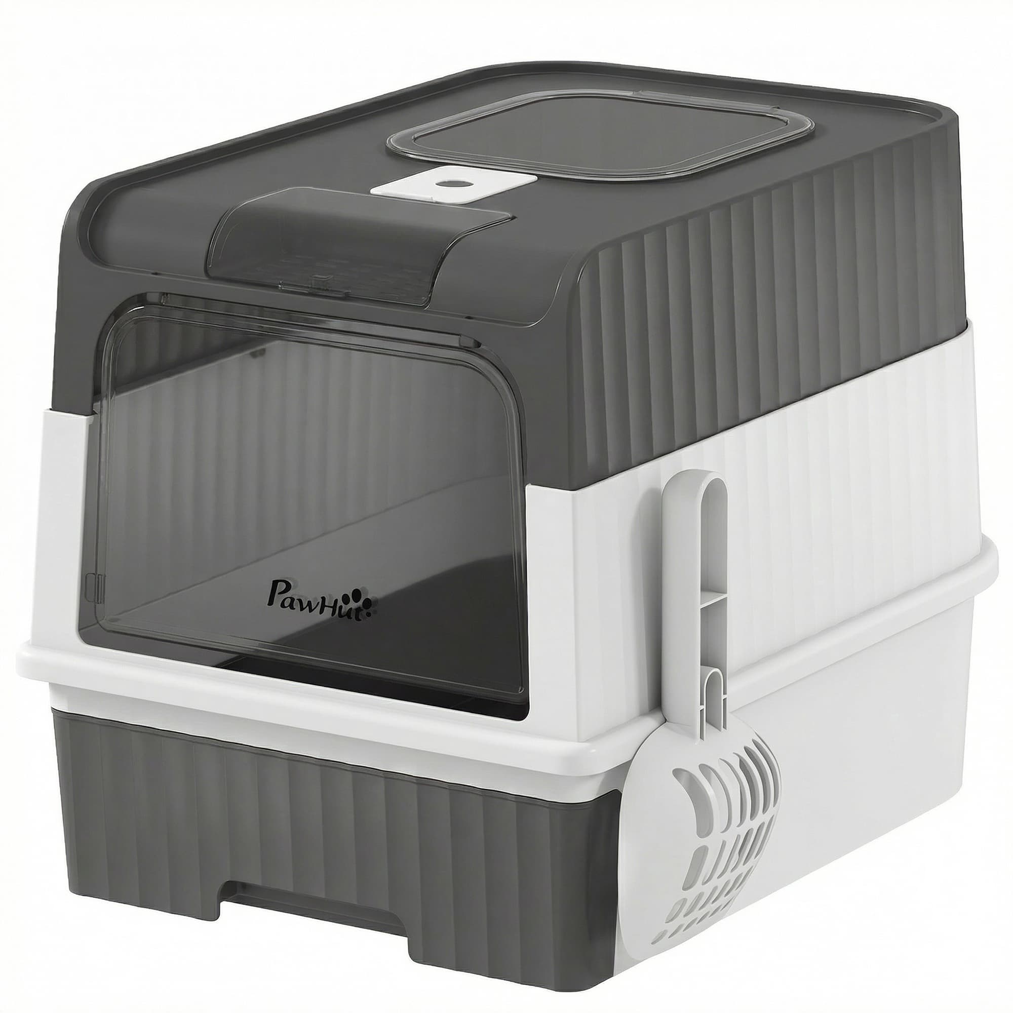PawHut Enclosed Cat Litter Box with Lid, Pull-Out Drawer Tray, Scoop, 4 Deodorisation Bags, Front Entry & Top Exit, Grey