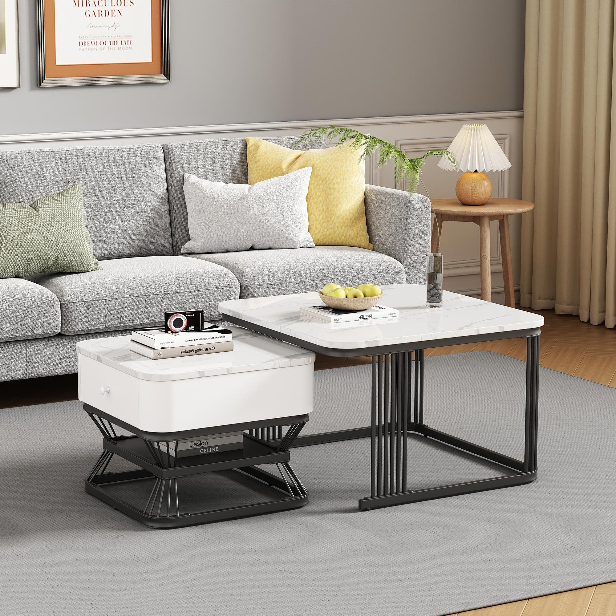 Nesting Coffee Table Set with Open Storage Shelf, Space-Saving Center Table Set with MDF Tops, 70L x 70W x 45H cm, White+Black | Aosom UK