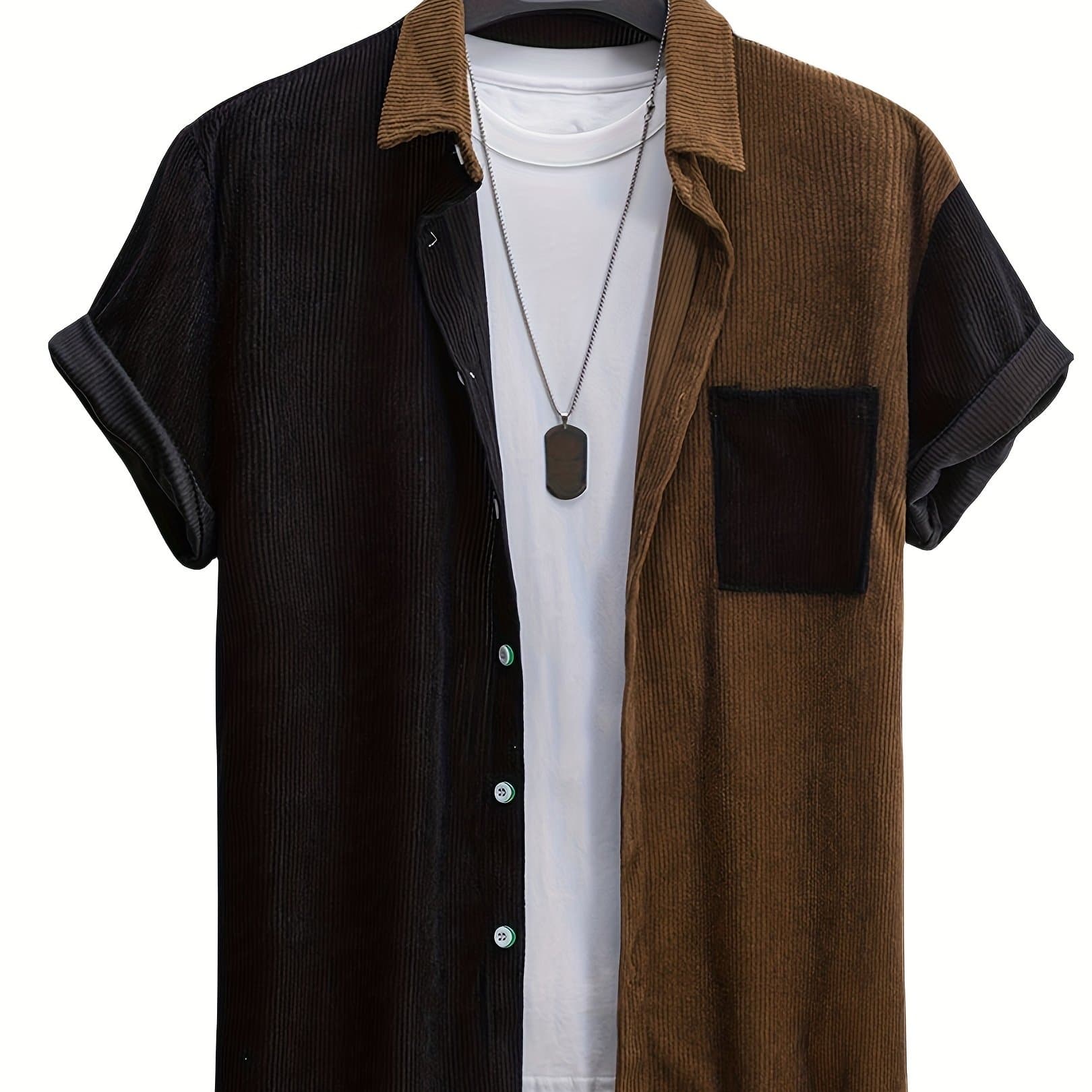 TEMU Men's Bohemian Contrast Color Block Button-up Shirt - Machine Washable Regular Fit Casual & Formal Wear For All , Versatile Clothing | Durable Construction