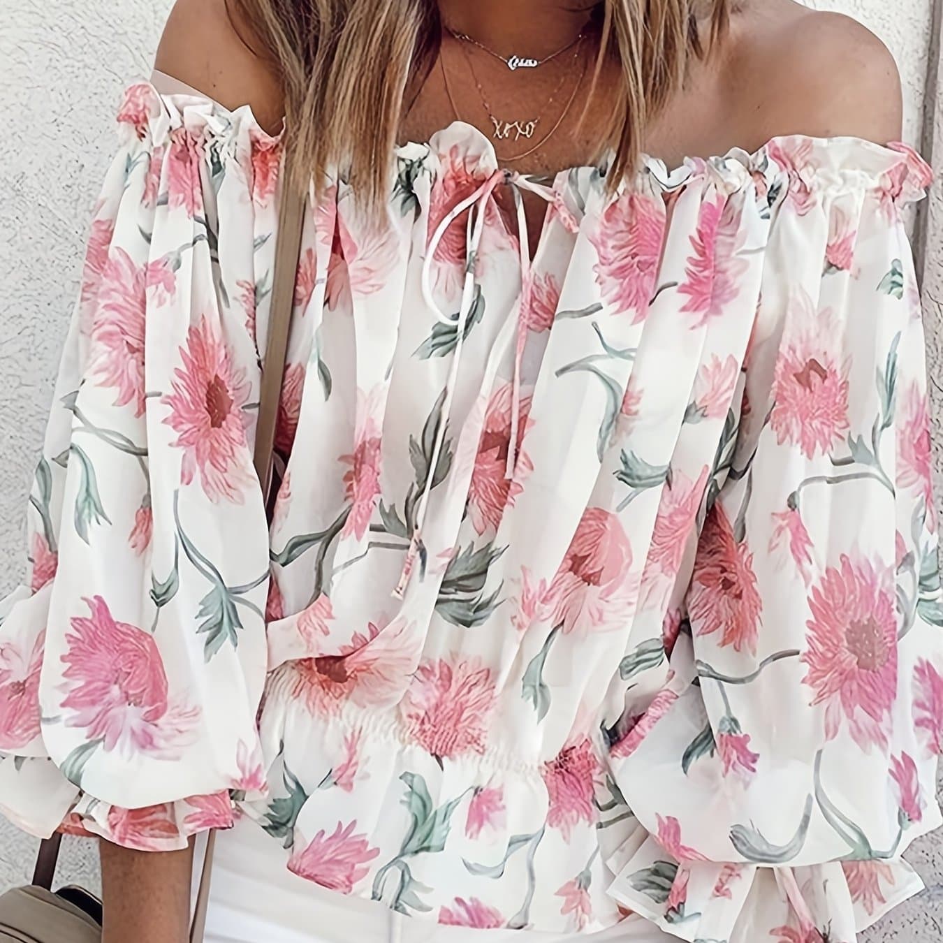 TEMU Summer One-shoulder Elastic Shoulder Chiffon Blouse, Semi-sheer Lightweight Top With Random Print, Women's Lantern Sleeve Loose-