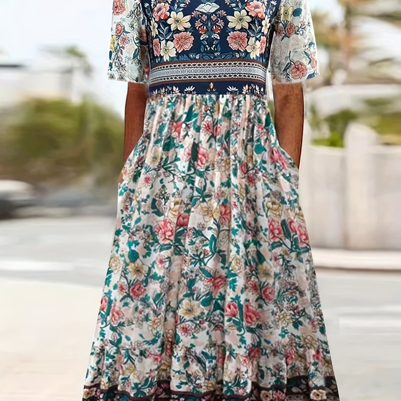 TEMU Vintage Floral Print Dress, Boho High Waist Crew Neck Short Sleeve Dress, Women's Clothing