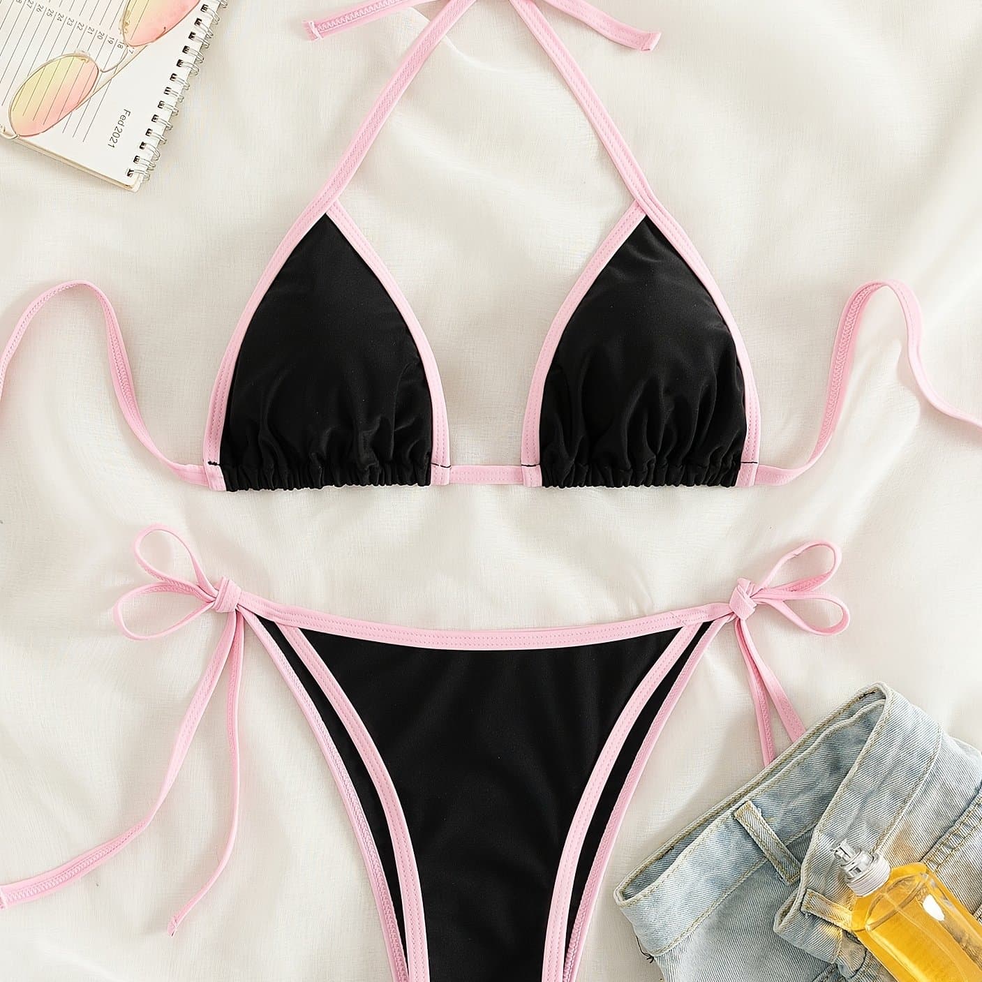 TEMU Trim Tie Side 2 Piece Bikini Swimsuit, Halter Tie Back Neck Stretchy Beachwear, Cute & Sexy, Women's Swimwear & Clothing