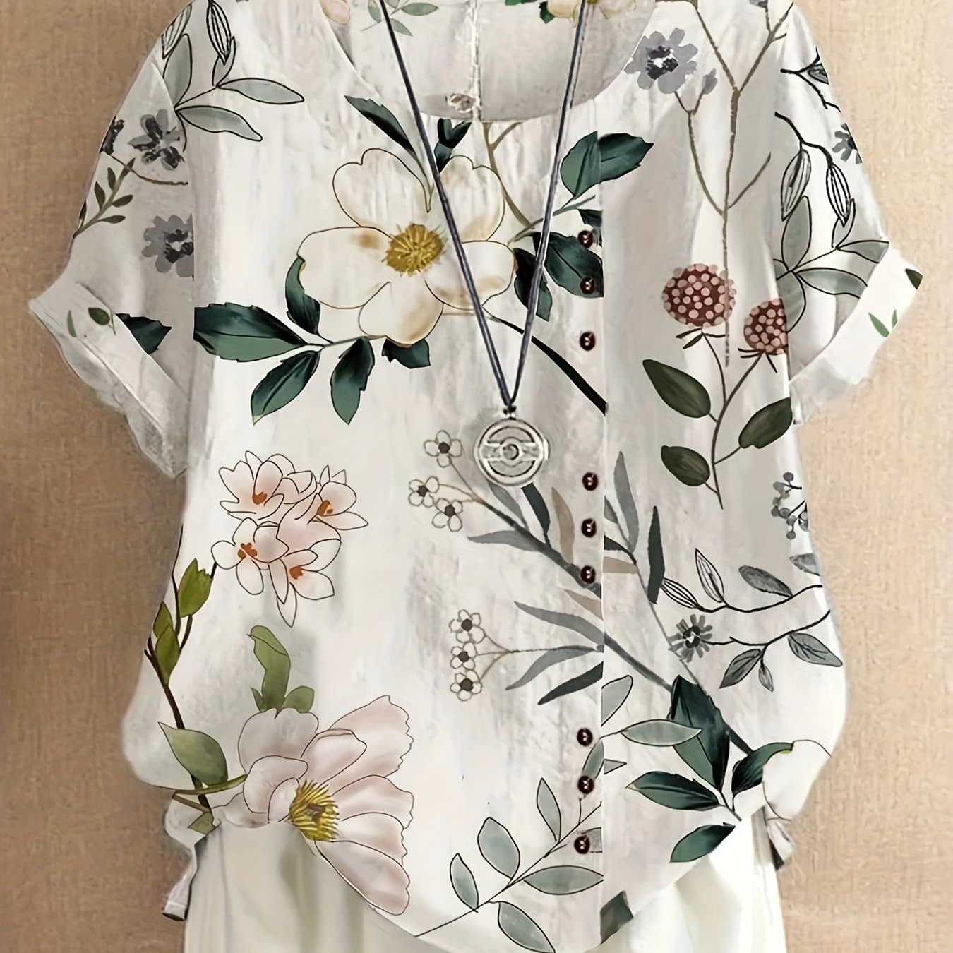 TEMU 2025 Summer Retro Floral Print Loose Casual Shirt With Short Sleeves, Suitable For Women's Leisure Or Beachwear