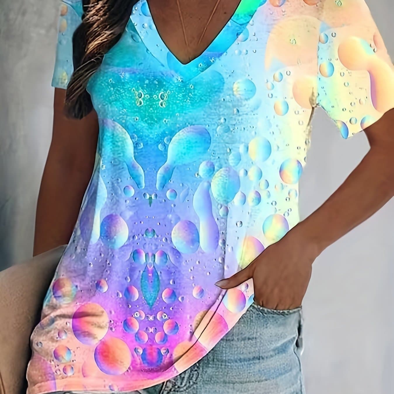 TEMU Women's Tie Dye V-neck T-shirt, Casual Summer Knit Polyester (95%) & Spandex (5%) Top, Regular Length, Lightweight 180g/m² Fabric, Vibrant Color
