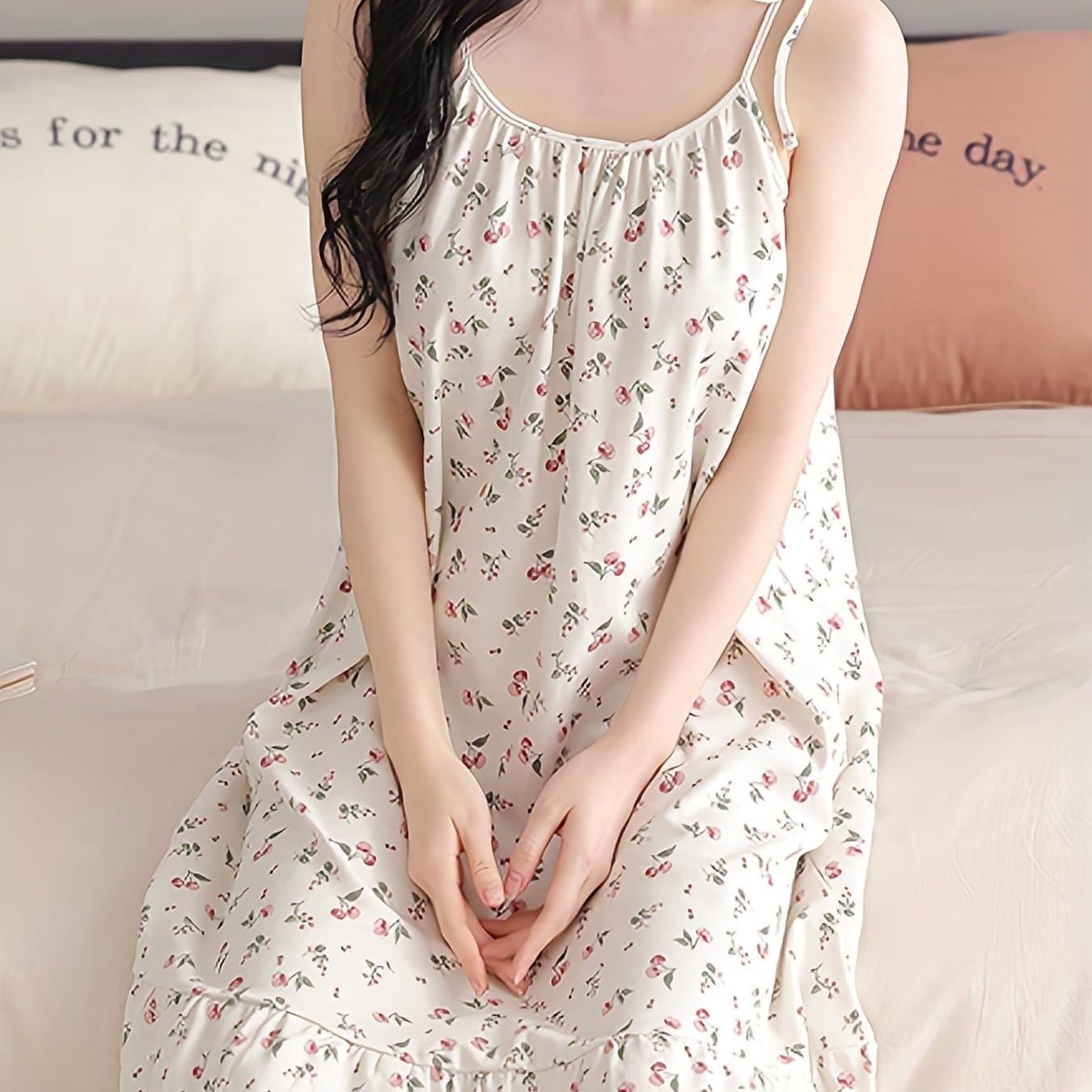 TEMU Cherry Pattern Suspender Dress, Fresh And Comfortable Suspender Pajamas