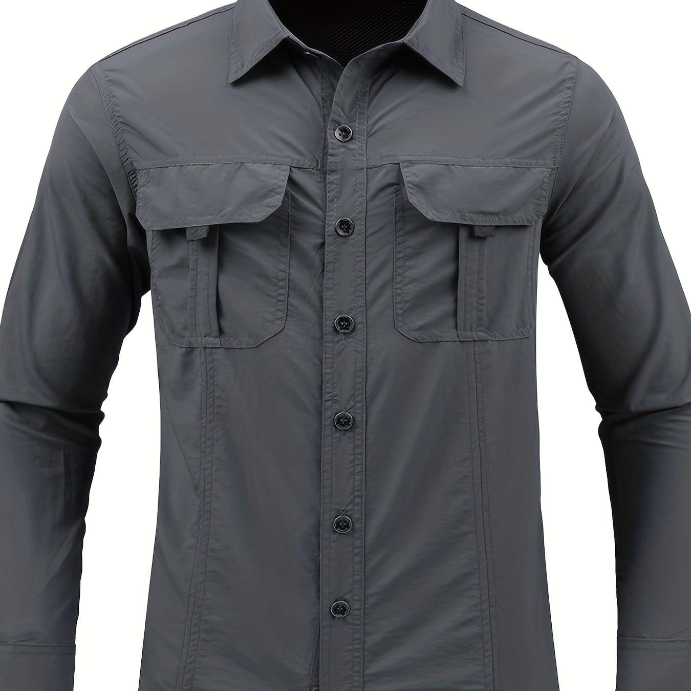TEMU Men's Lightweight Breathable Long Sleeve Button-up Shirt - Solid Color Hollow Nylon Turn- Collar, Asymmetrical Hem & Split Sleeves For Spring Summer Fall Outdoor Hiking Casual Wear,