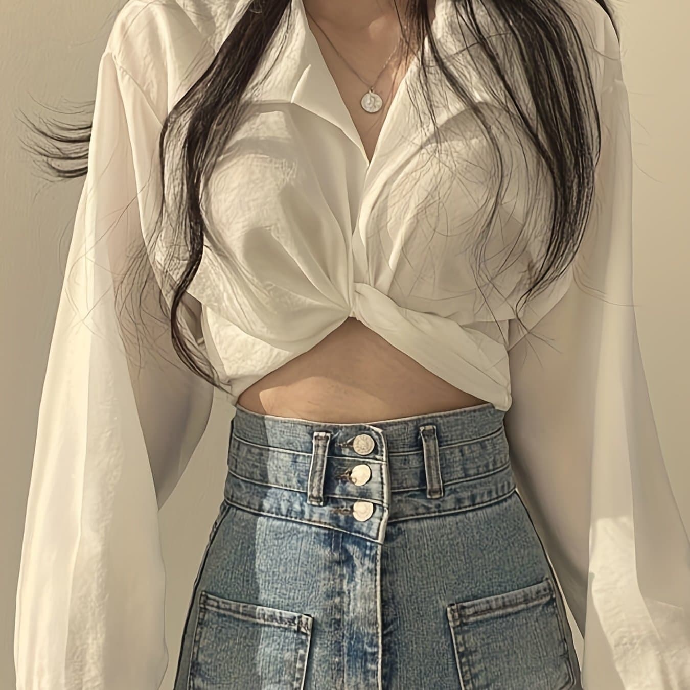 TEMU Women's Chic Cropped Blouse With Back Bow Detail - Long Sleeve, V-neck, Solid Color, Polyester, Perfect For Spring/fall Casual Wear, Spring Fashion Top | Blouse | Polyester Fabric