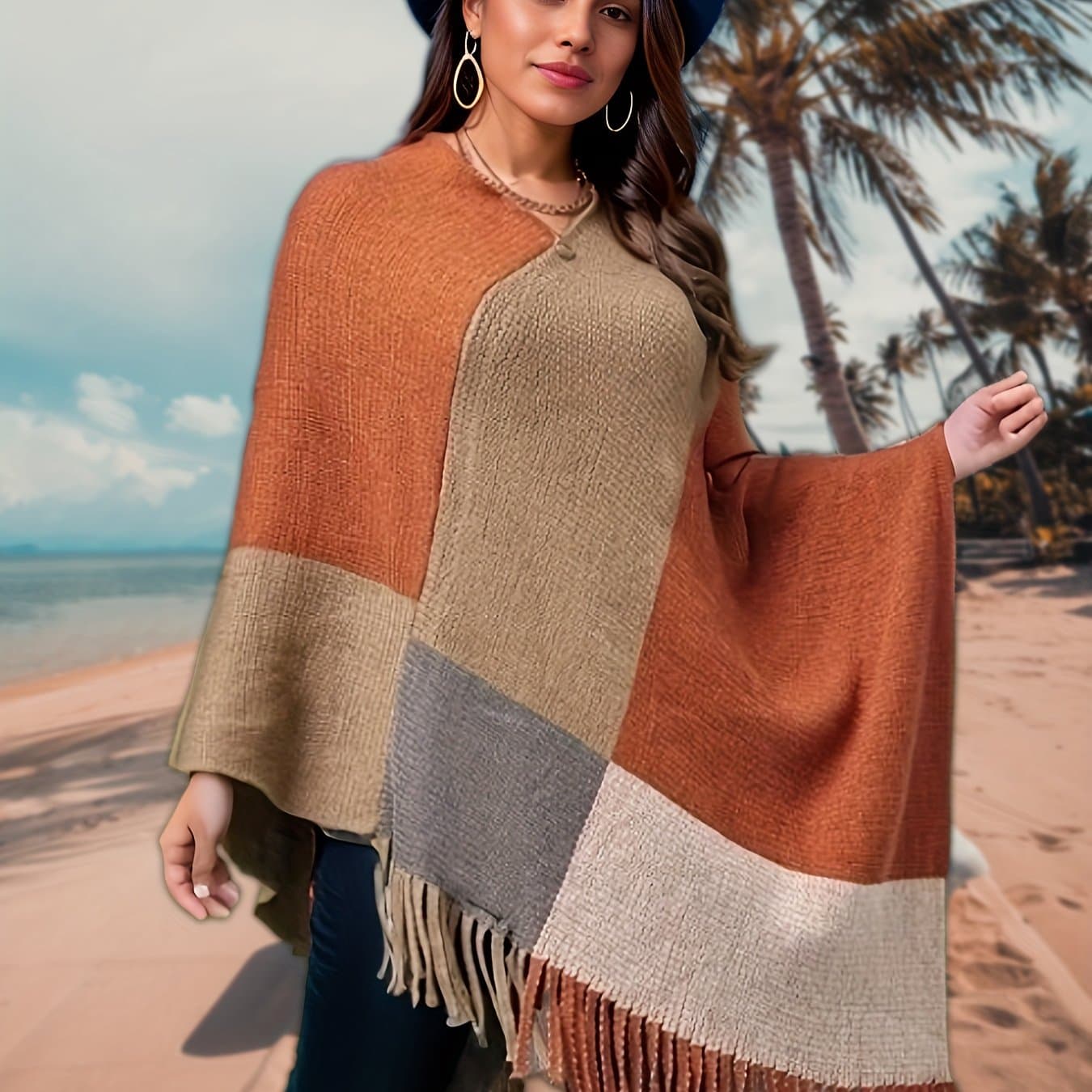 TEMU Plus Size - Plus Size - Plus-size Trendy Women's Clothing With Color- Shawl Cape Batwing Sweater Coat
