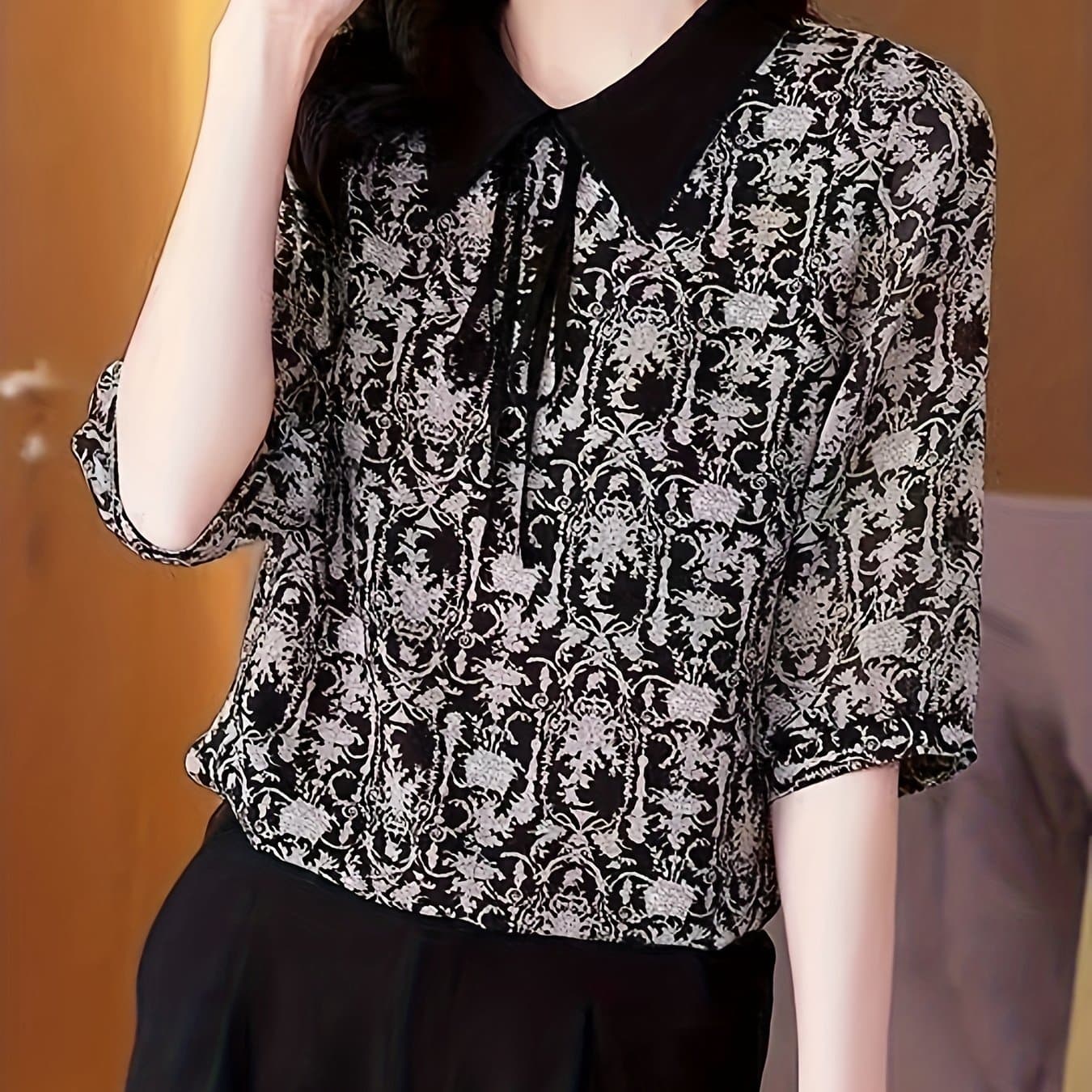 TEMU Chiffon Blouse With 5/8 Sleeves And A Turn- Collar