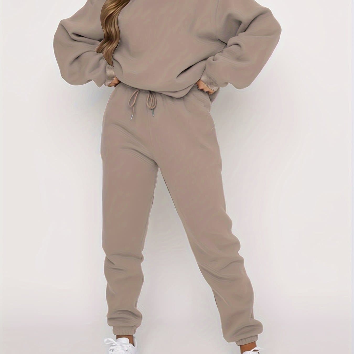 TEMU Women's Autumn And Winter Simple Solid Color Loose Pullover Sweatshirt + Solid Color Elastic Waist Drawstring Pants Casual Fashionable And Versatile Two-piece Suit.