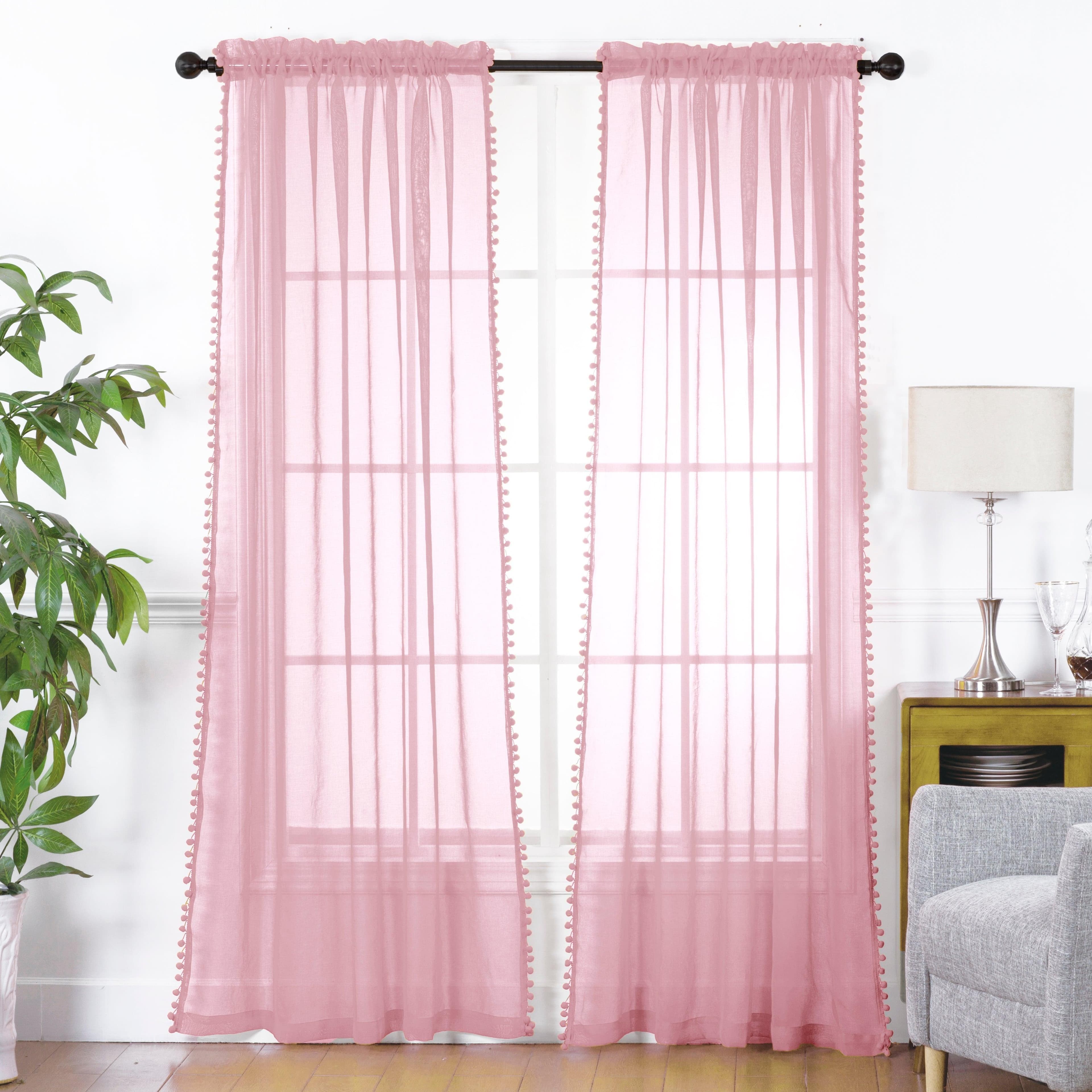 TEMU 2pc Sheer Solid Color Pom Pom Curtains, Light Filtering Translucent Drapes For Living Room And Bedroom, Rod , Home Decor, Living Room Curtains, Rustic Home Decor, Curtains For Living Room